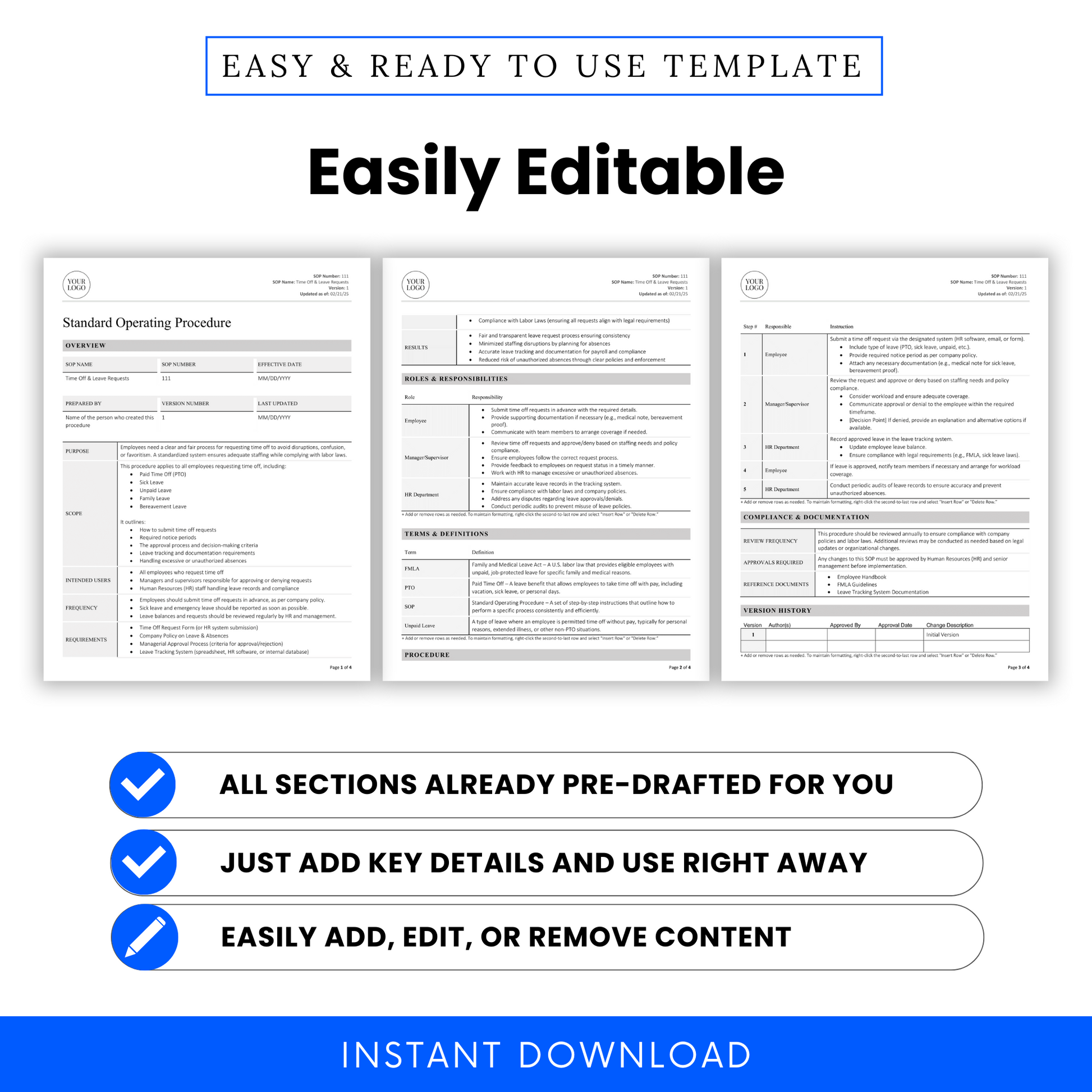 Templates for Standard Operating Procedures with text indicating ease of use and editing.