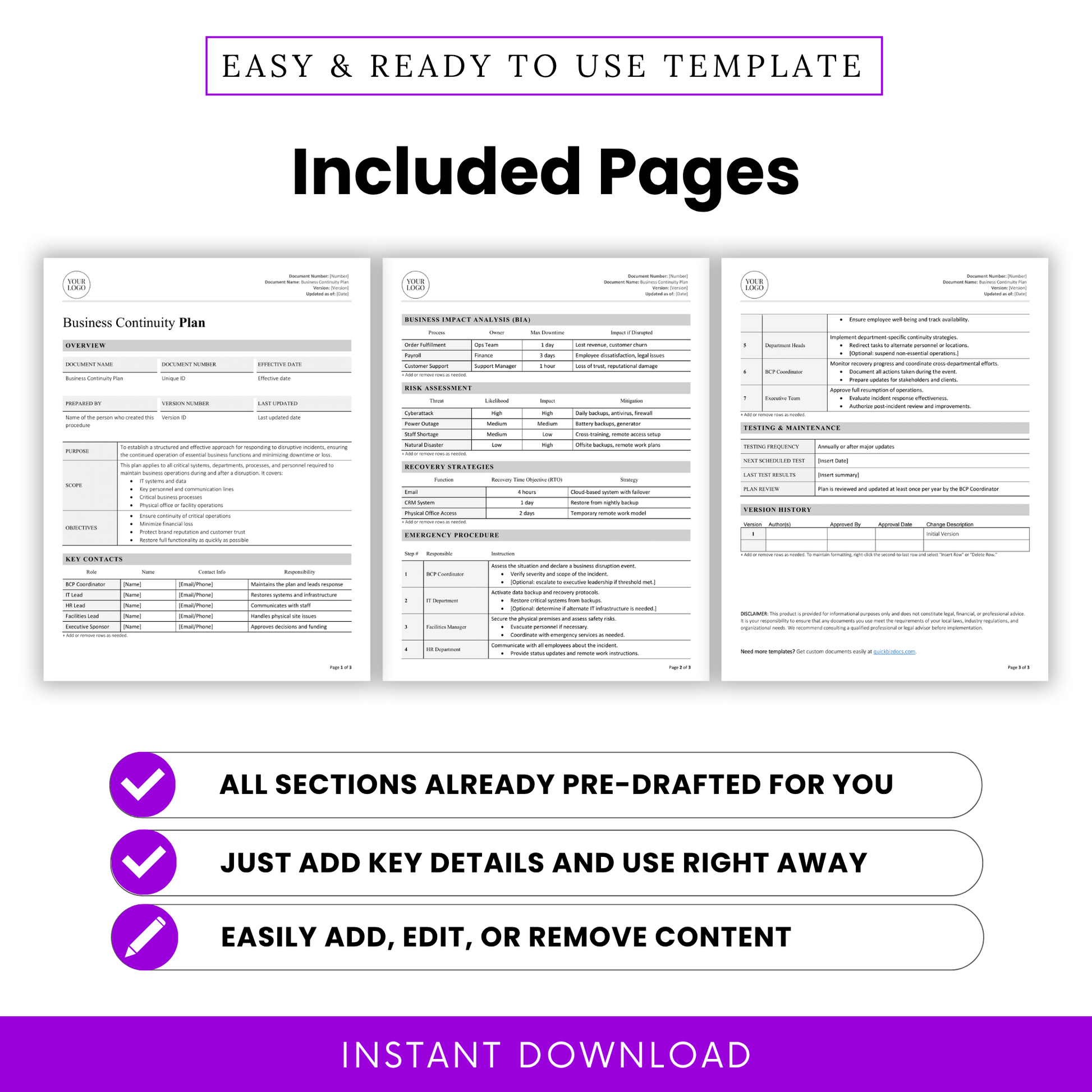 Three-page document preview showing key sections like Business Impact Analysis, Emergency Procedures, and Risk Assessment with icons for ease of use.