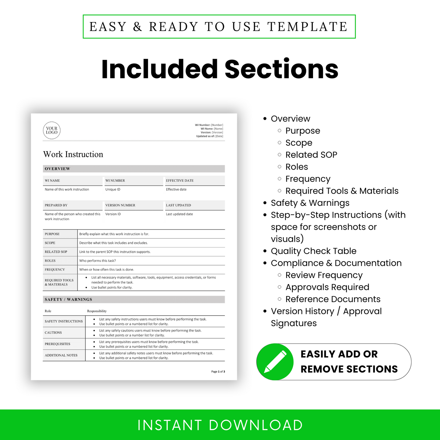 List of work instruction template sections such as Overview, Safety & Warnings, Step-by-Step Instructions, Quality Check Table, Compliance, Documentation, and Version History.