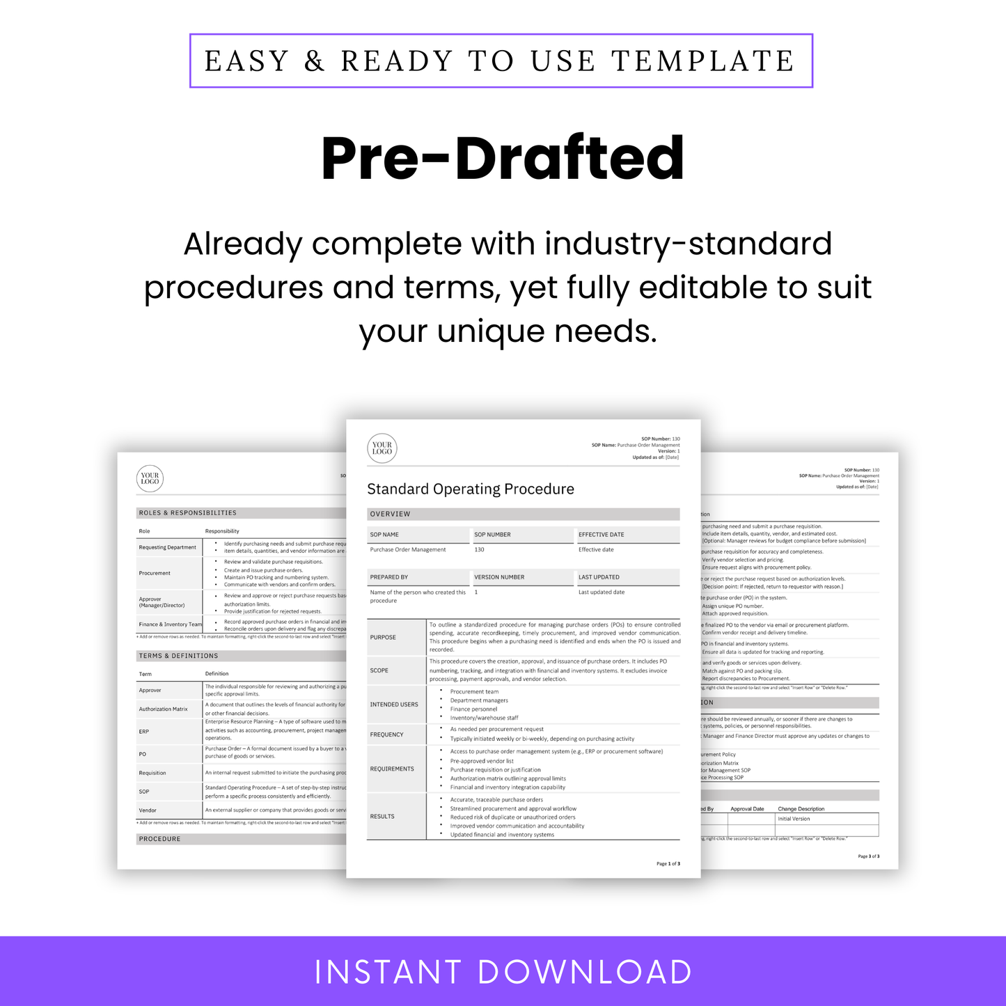 Pre-Drafted Purchase Order Management SOP Template – Editable Standard Operating Procedure Document with Industry-Standard Terms and Procedures – Word and PDF Formats – Easy to Customize for Small Businesses, Procurement Teams, and Operations Managers – Includes Complete Sections: Purpose, Scope, Frequency, Roles, Terms, and Results – Instant Download Business Process Template for Retail, E-commerce, and Inventory Management Workflows