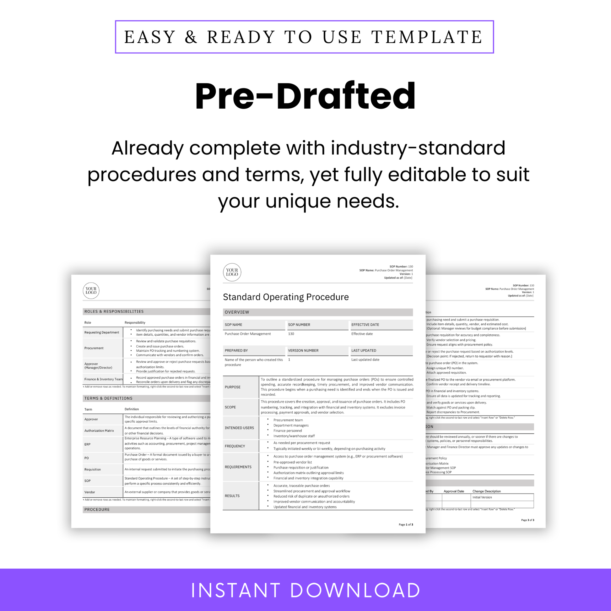 Pre-Drafted Purchase Order Management SOP Template – Editable Standard Operating Procedure Document with Industry-Standard Terms and Procedures – Word and PDF Formats – Easy to Customize for Small Businesses, Procurement Teams, and Operations Managers – Includes Complete Sections: Purpose, Scope, Frequency, Roles, Terms, and Results – Instant Download Business Process Template for Retail, E-commerce, and Inventory Management Workflows