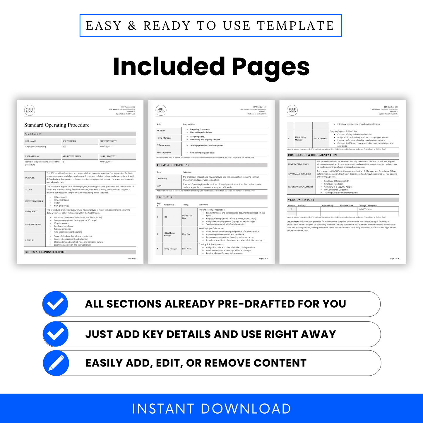 Preview showing three fully formatted pages of the Employee Onboarding SOP template with professional layout and pre-written content for easy customization.