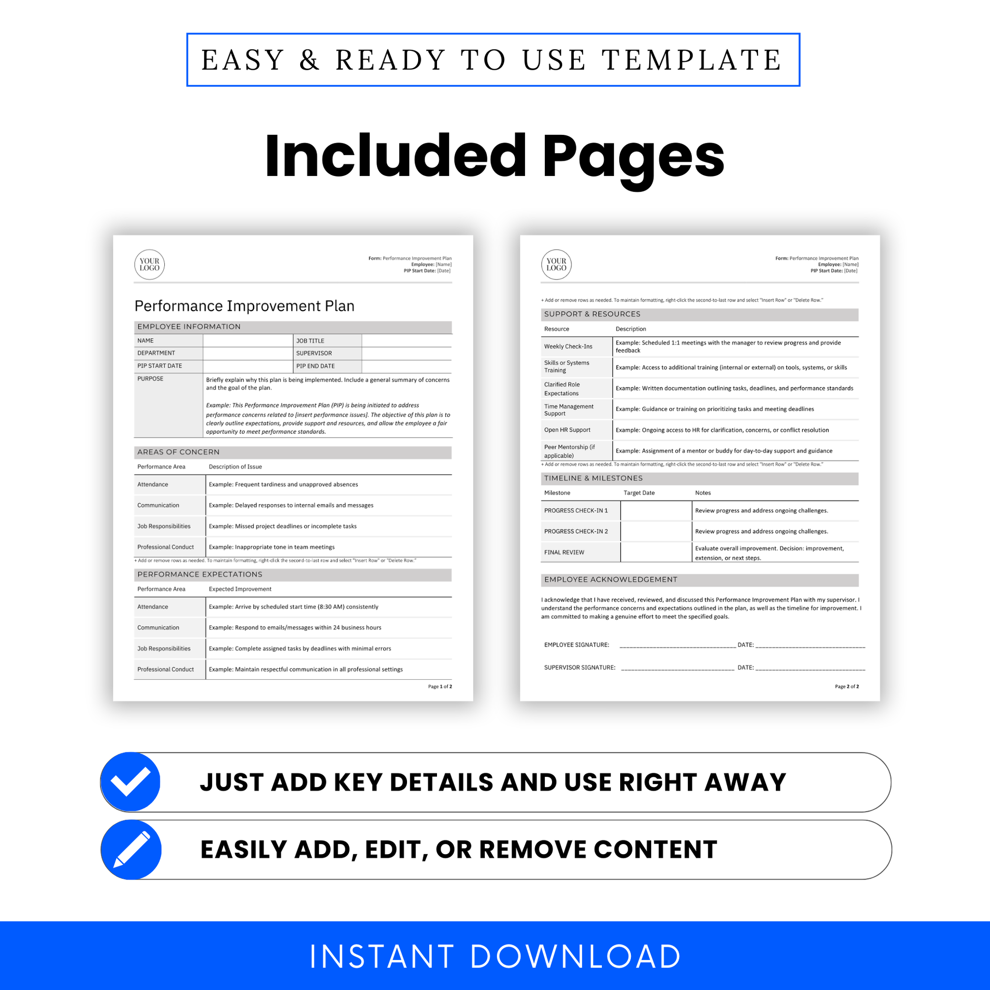 Preview of included pages in the Performance Improvement Plan (PIP) Template. Features structured sections for employee information, purpose of the plan, areas of concern, performance expectations, support and resources, timeline and milestones, and employee acknowledgement. Fully editable in Microsoft Word and PDF formats. Easy-to-use HR document designed for managing and documenting employee performance issues. Instant digital download, compatible with US Letter and A4 sizes.