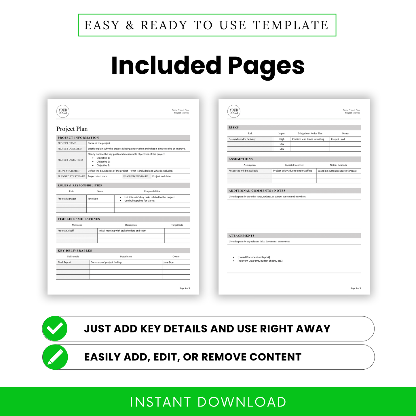 Preview of two-page layout showing editable fields for project details, roles, timeline, risks, and assumptions.