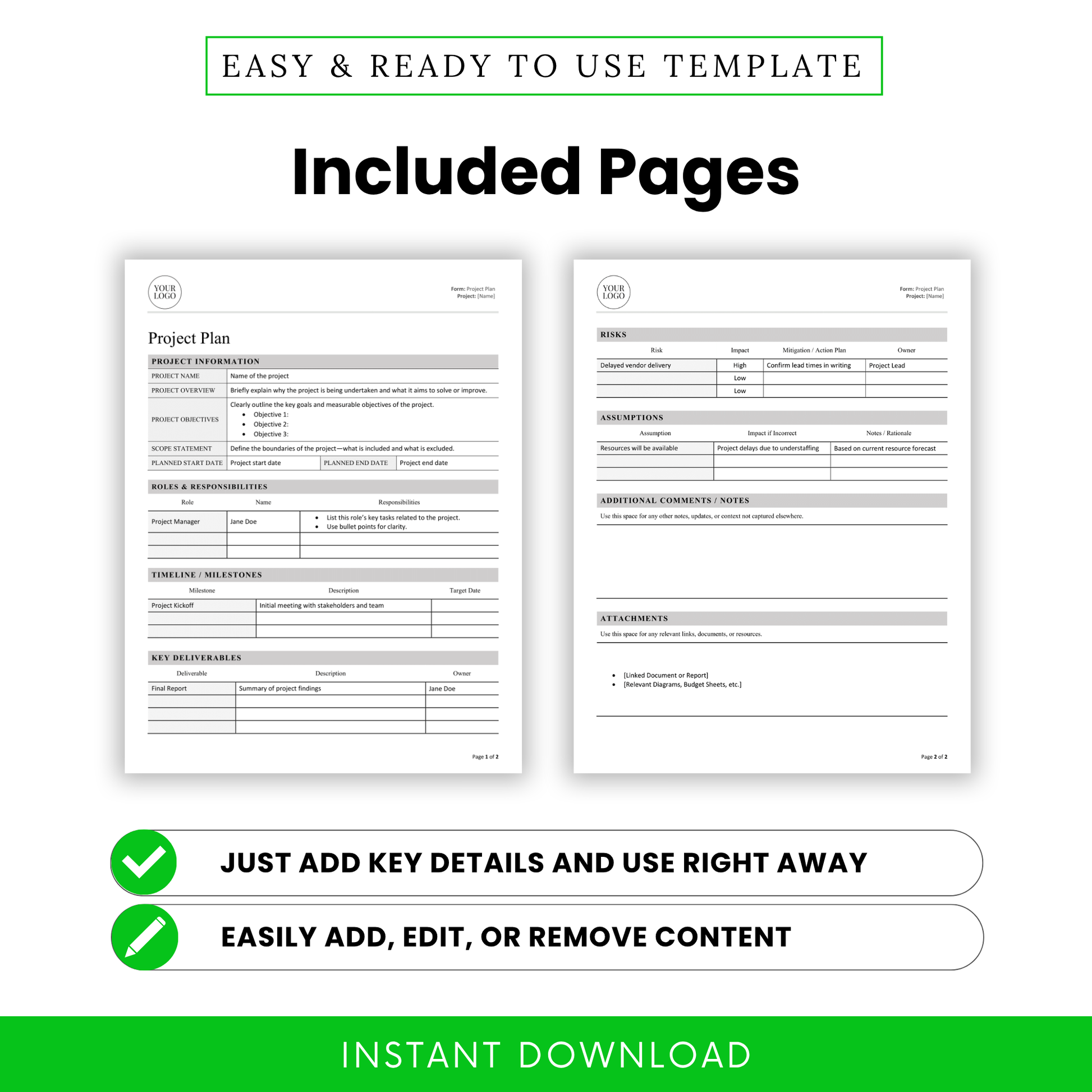 Preview of two-page layout showing editable fields for project details, roles, timeline, risks, and assumptions.