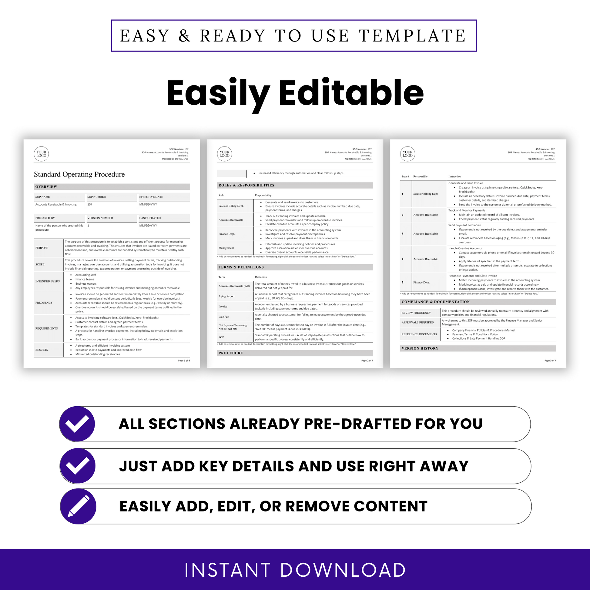 Templates for Standard Operating Procedures with text about ease of use and editing.