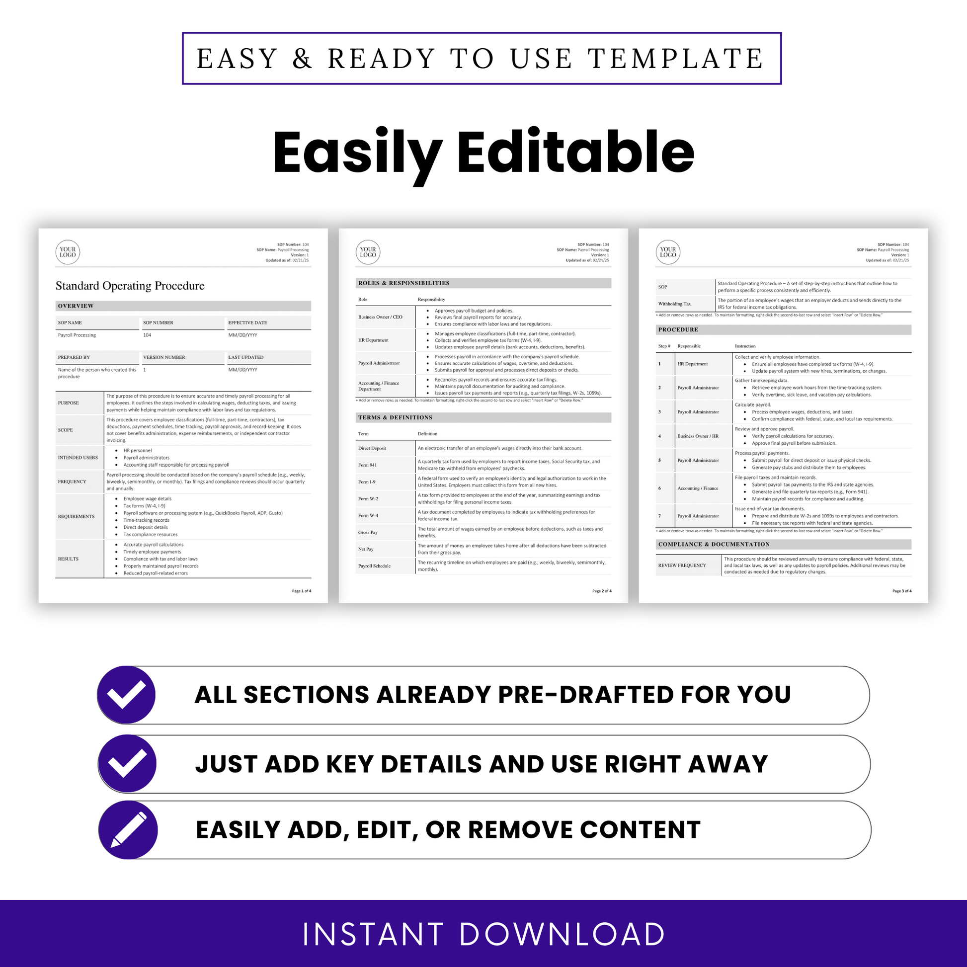 Three-page preview of the SOP template showing editable sections for overview, responsibilities, definitions, and procedures, with checkmarks highlighting ease of use.