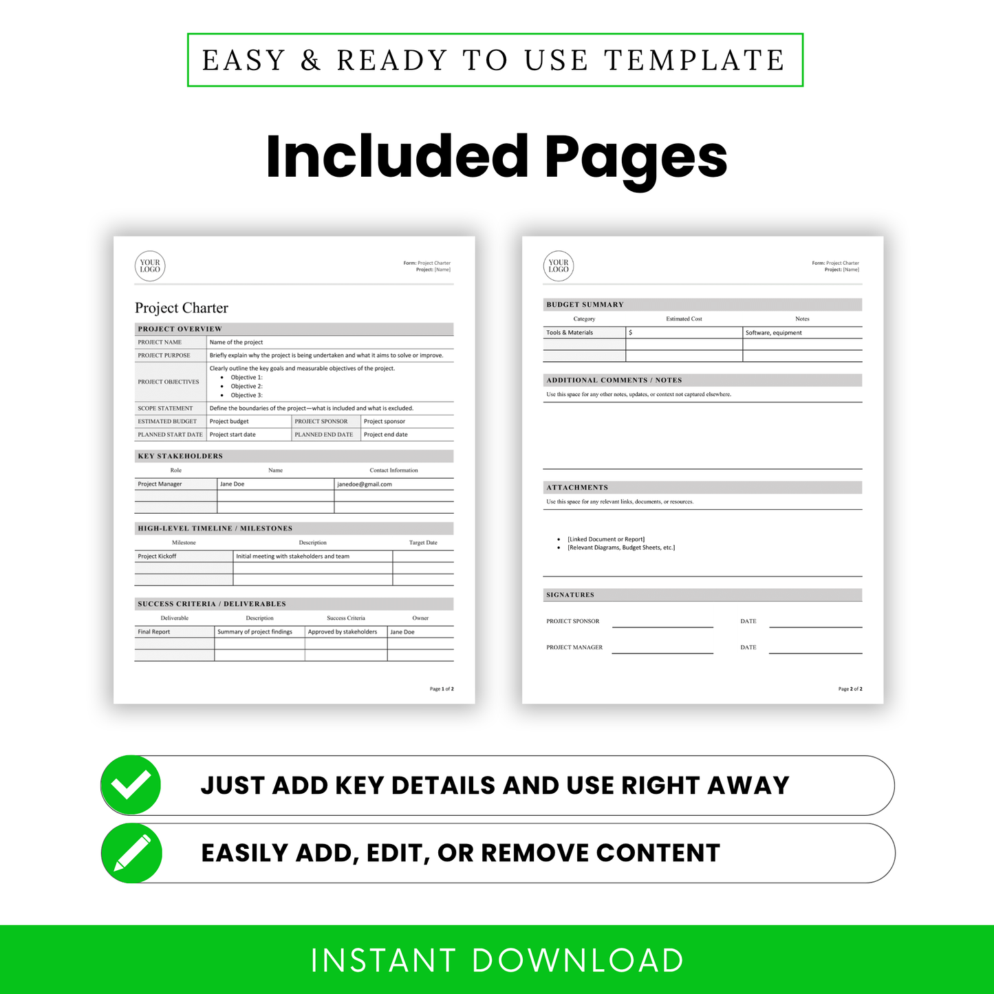 Two project charter forms with text about an easy-to-use template, instant download, and editing capabilities.