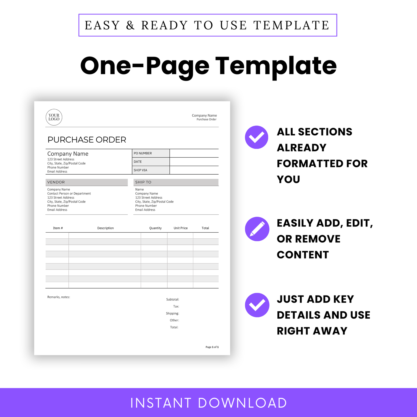 Preview of the one-page Purchase Order Template with editable fields. Highlights include formatted sections, easy content editing, and immediate usability.