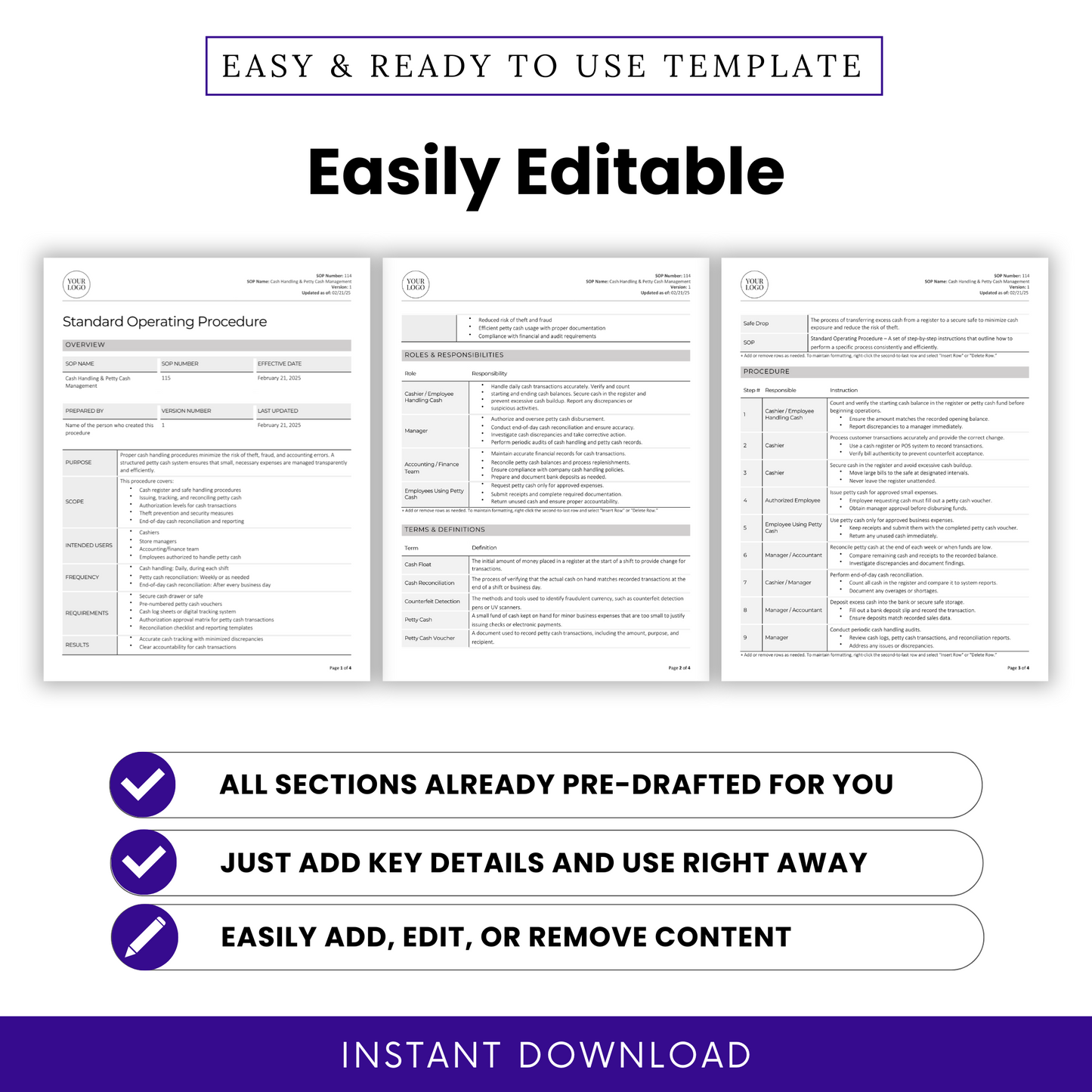 Easily editable Cash Handling & Petty Cash Management SOP template. Features a document preview showcasing structured sections, including roles and responsibilities, terms and definitions, and procedures. Highlights three key benefits: all sections are pre-drafted, just add key details and use immediately, and easily add, edit, or remove content. Includes an 'Instant Download' banner.