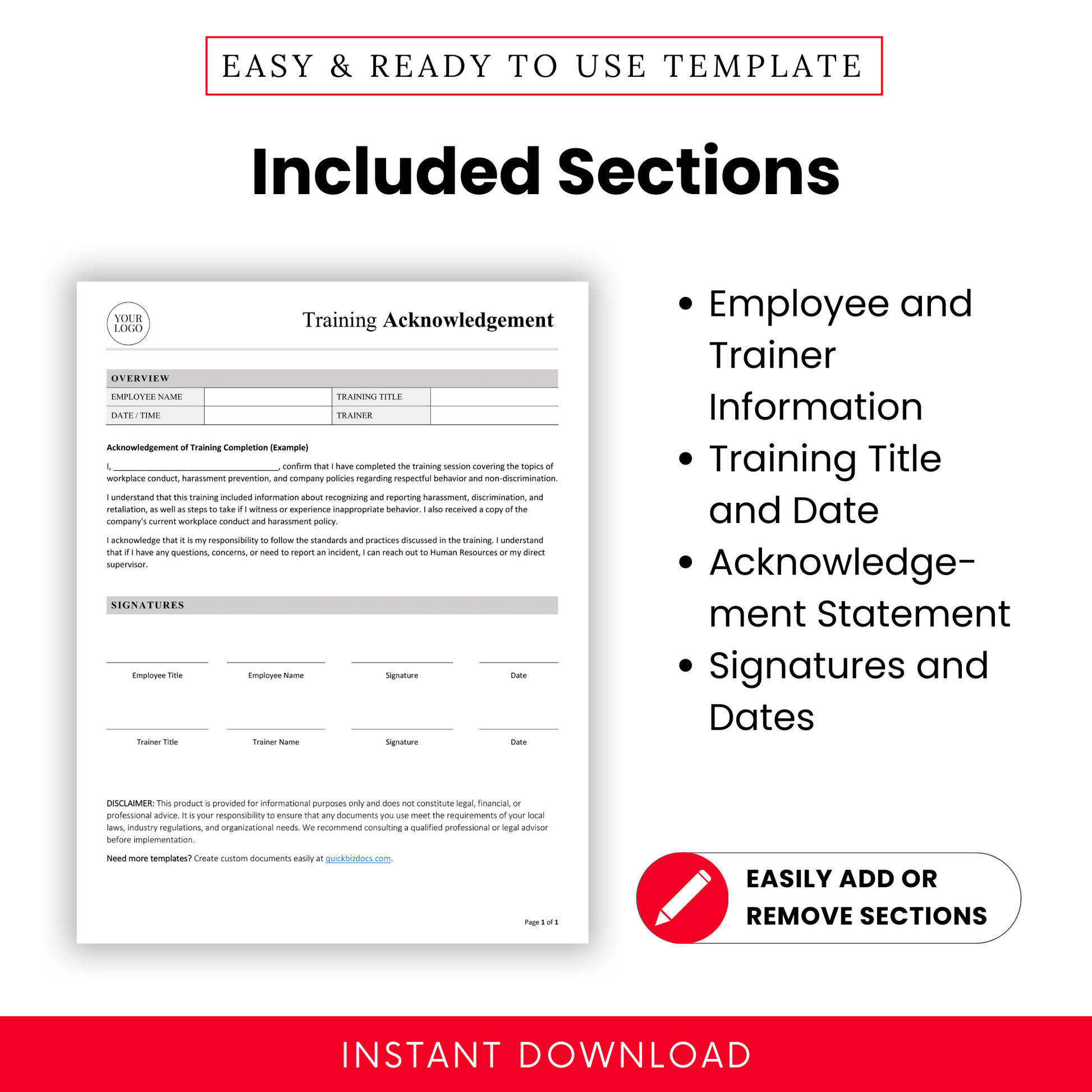 Training Acknowledgement form with included sections: Employee and Trainer Info, Training Title/Date, Acknowledgement Statement, and Signature Fields.