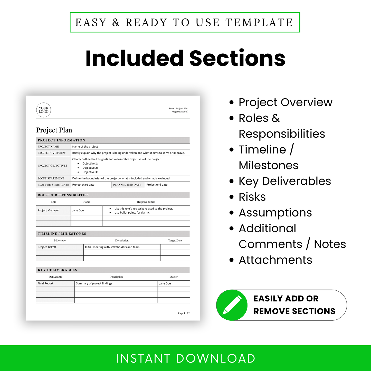 Snapshot of the template’s main sections such as project overview, key deliverables, and risks, with easy edit and remove options.