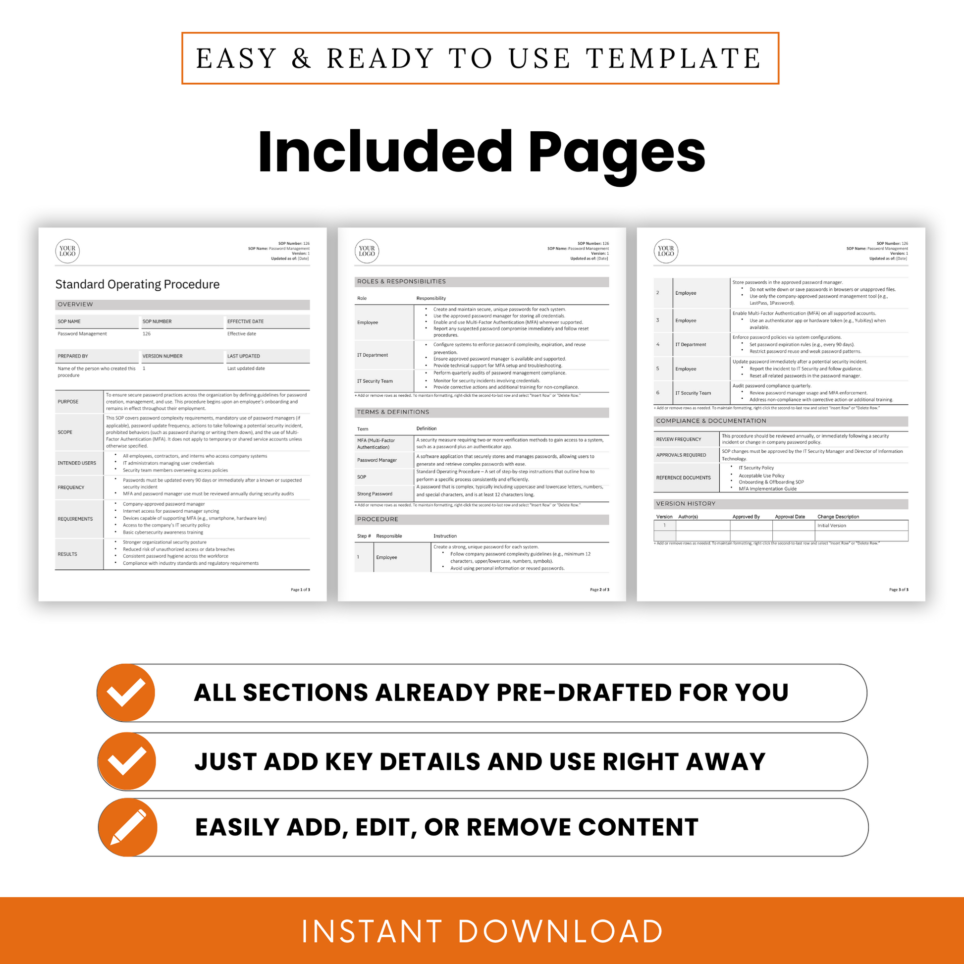 Password Management SOP Template – Included pages preview showcasing a pre-drafted standard operating procedure for businesses. Designed for small businesses, HR teams, IT departments, and cybersecurity professionals. Easy-to-use, editable SOP template available as an instant download. Key benefits include pre-filled content, quick customization, and a professional layout for business operations and IT policy compliance.