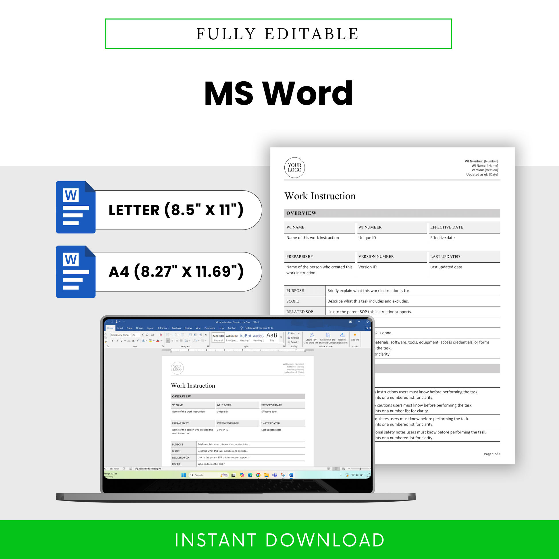 Image of the editable work instruction Word document open on a laptop, showing compatibility with both Letter (8.5" × 11") and A4 (8.27" × 11.69") sizes.