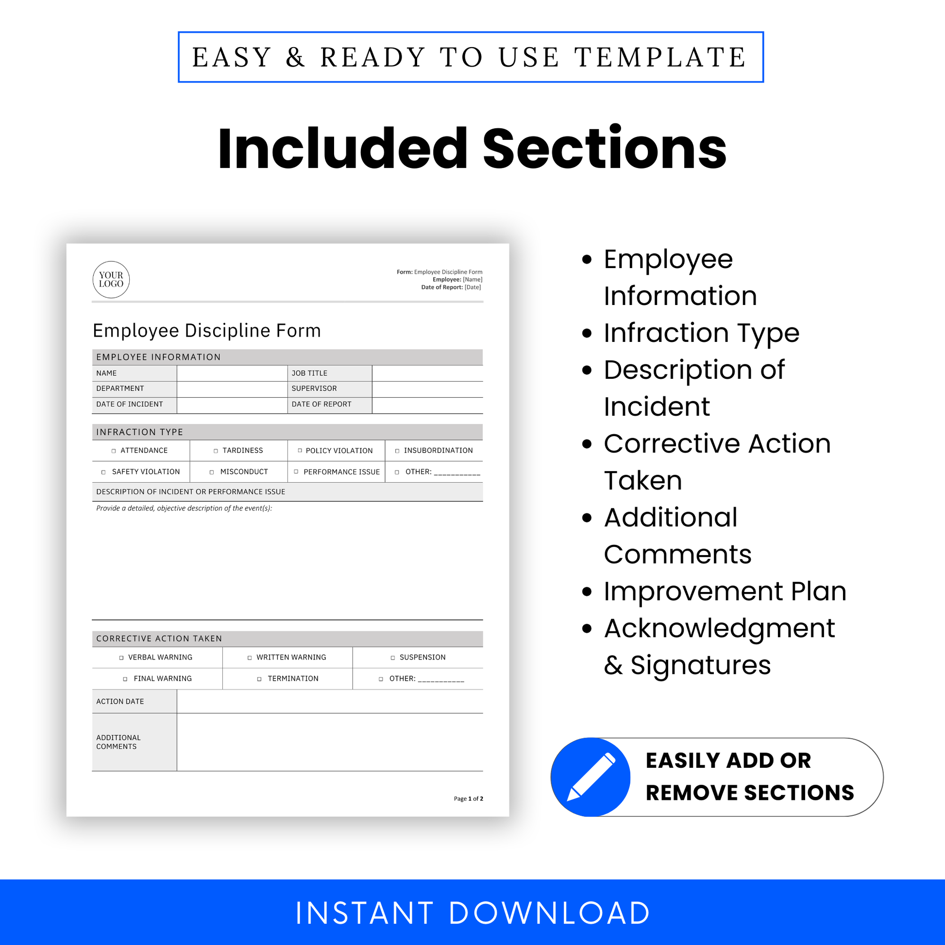 Breakdown of included form sections such as Employee Info, Infraction Type, Description of Incident, Corrective Action, Improvement Plan, and Signatures.
