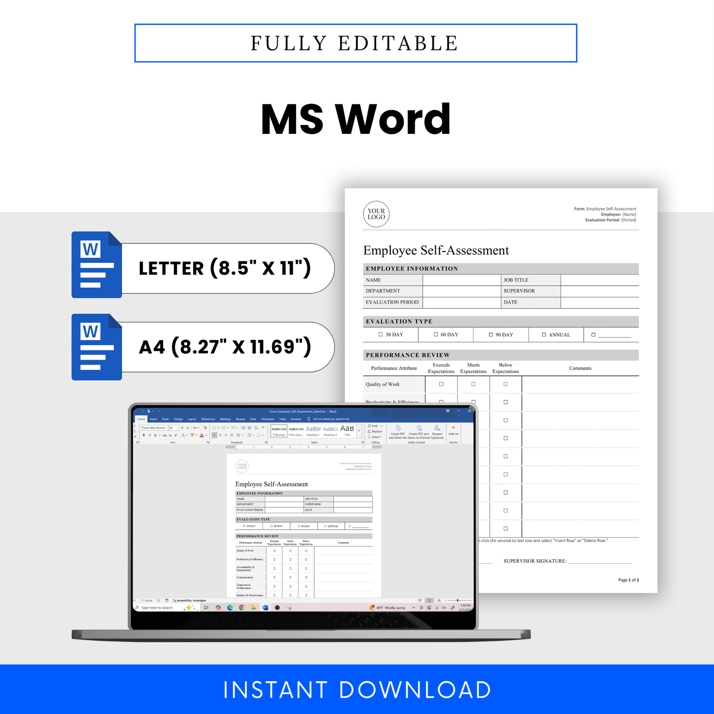 MS Word document on a laptop screen with employee self-assessment form displayed, featuring 'Fully Editable' and 'Instant Download' text.