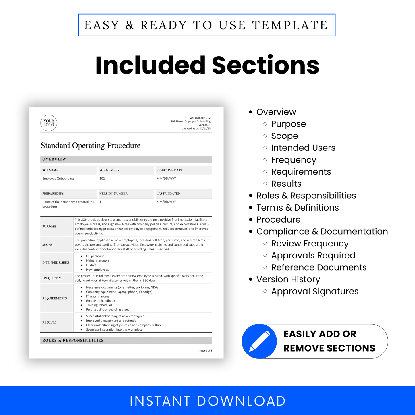 Detailed list of all included SOP sections like Purpose, Scope, Requirements, and Procedure, displayed beside a sample page of the onboarding document.