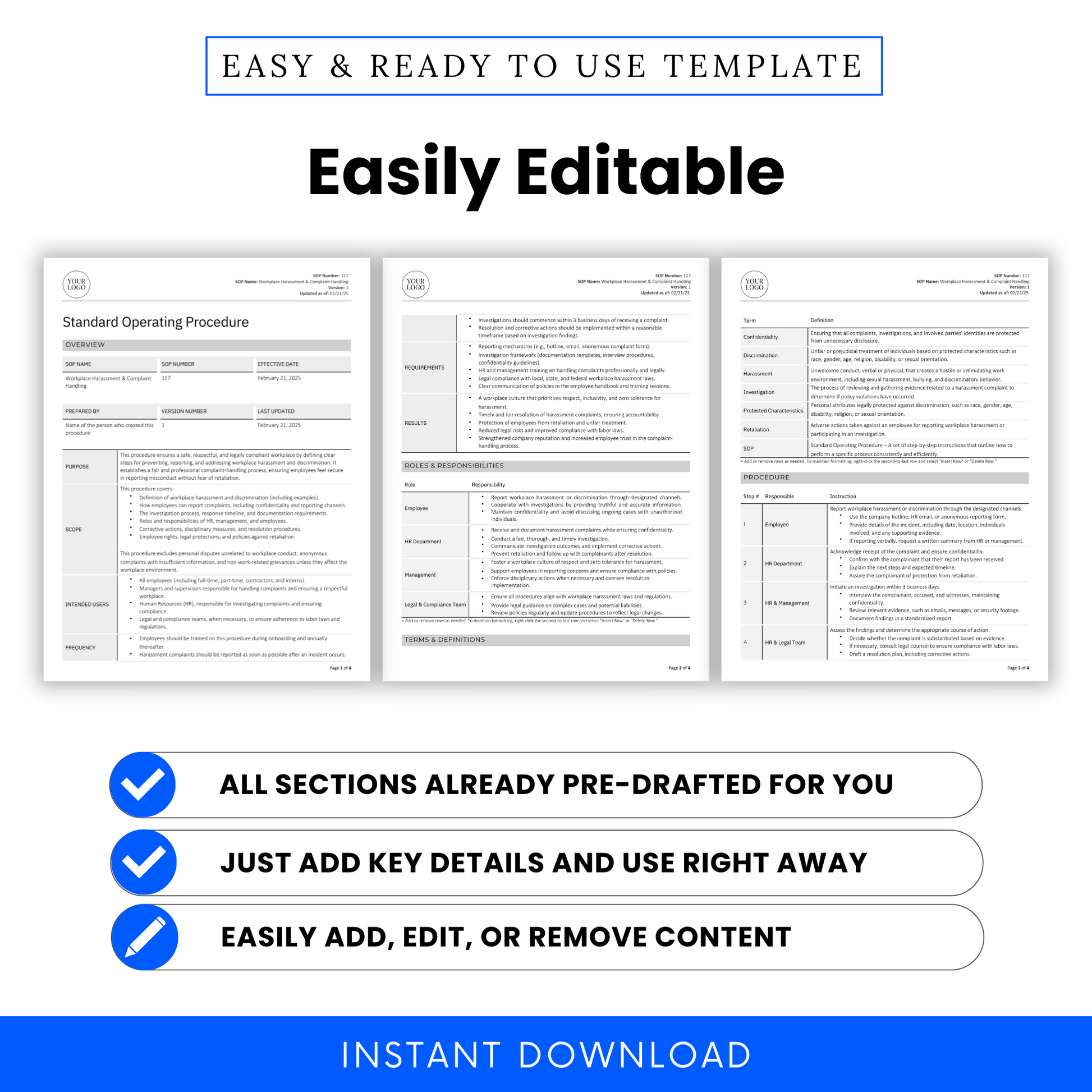 Workplace Harassment & Complaint Handling SOP template. Features a document preview showcasing structured sections, including roles and responsibilities, terms and definitions, and procedures. Highlights three key benefits: all sections are pre-drafted, just add key details and use immediately, and easily add, edit, or remove content. Includes an 'Instant Download' banner.