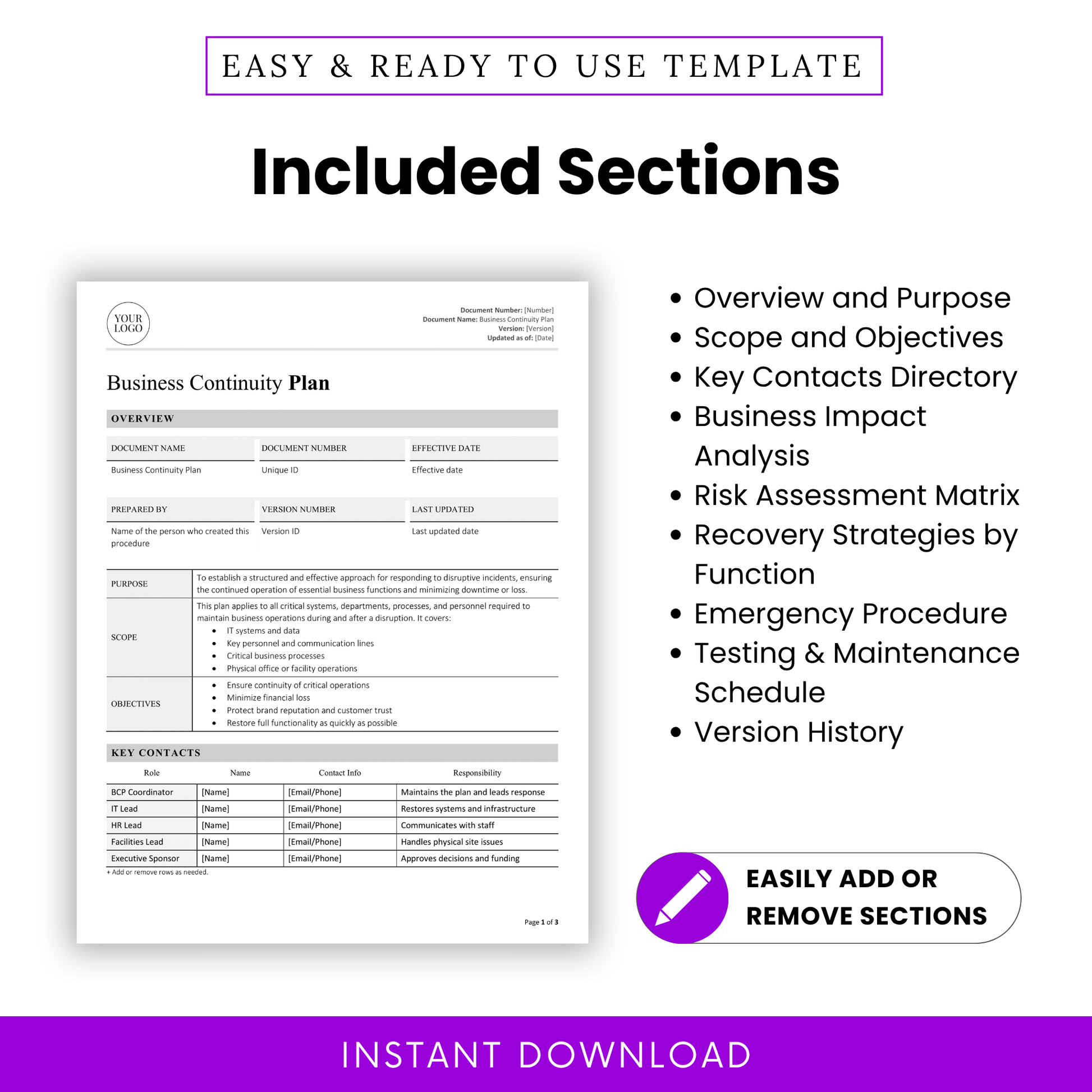 Visual listing of included sections such as Overview, Objectives, Recovery Strategies, and Version History with editable format indicator.