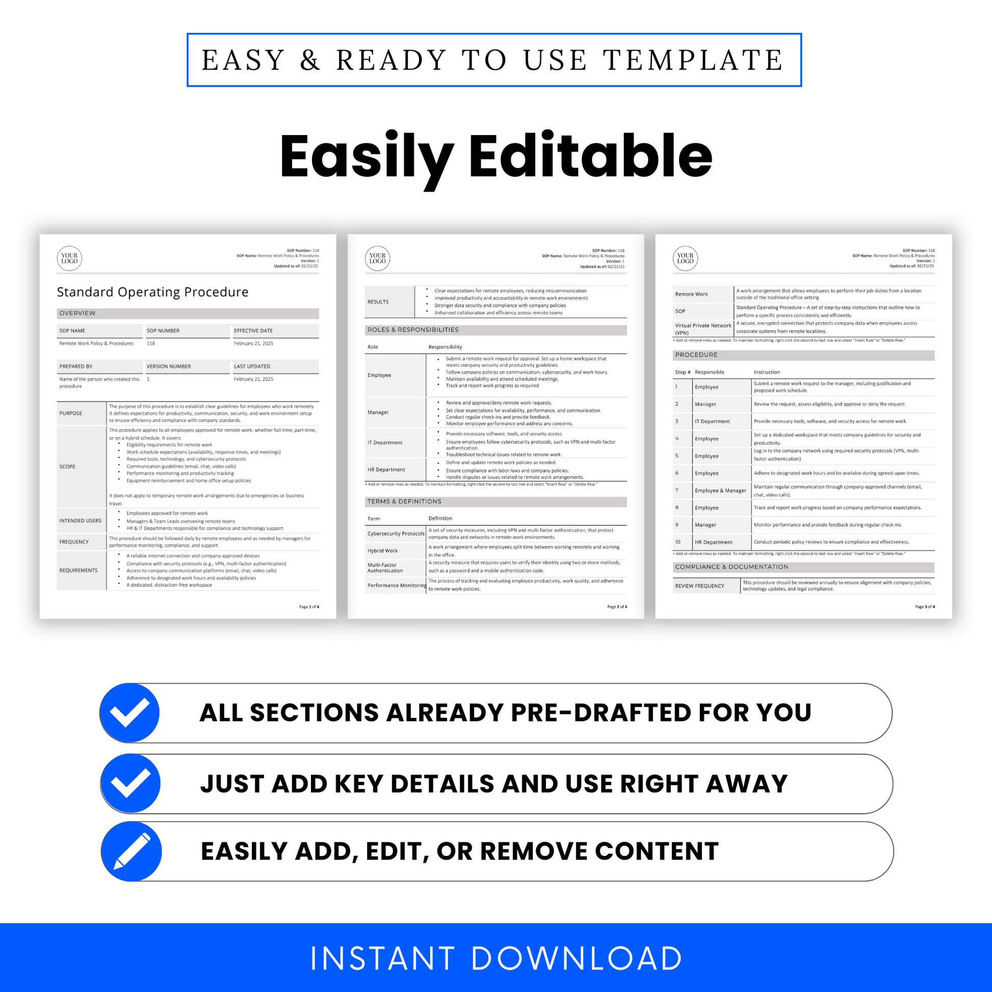 Remote Work Policy & Procedures SOP template. Features a document preview showcasing structured sections, including roles and responsibilities, terms and definitions, and procedures. Highlights three key benefits: all sections are pre-drafted, just add key details and use immediately, and easily add, edit, or remove content. Includes an 'Instant Download' banner.