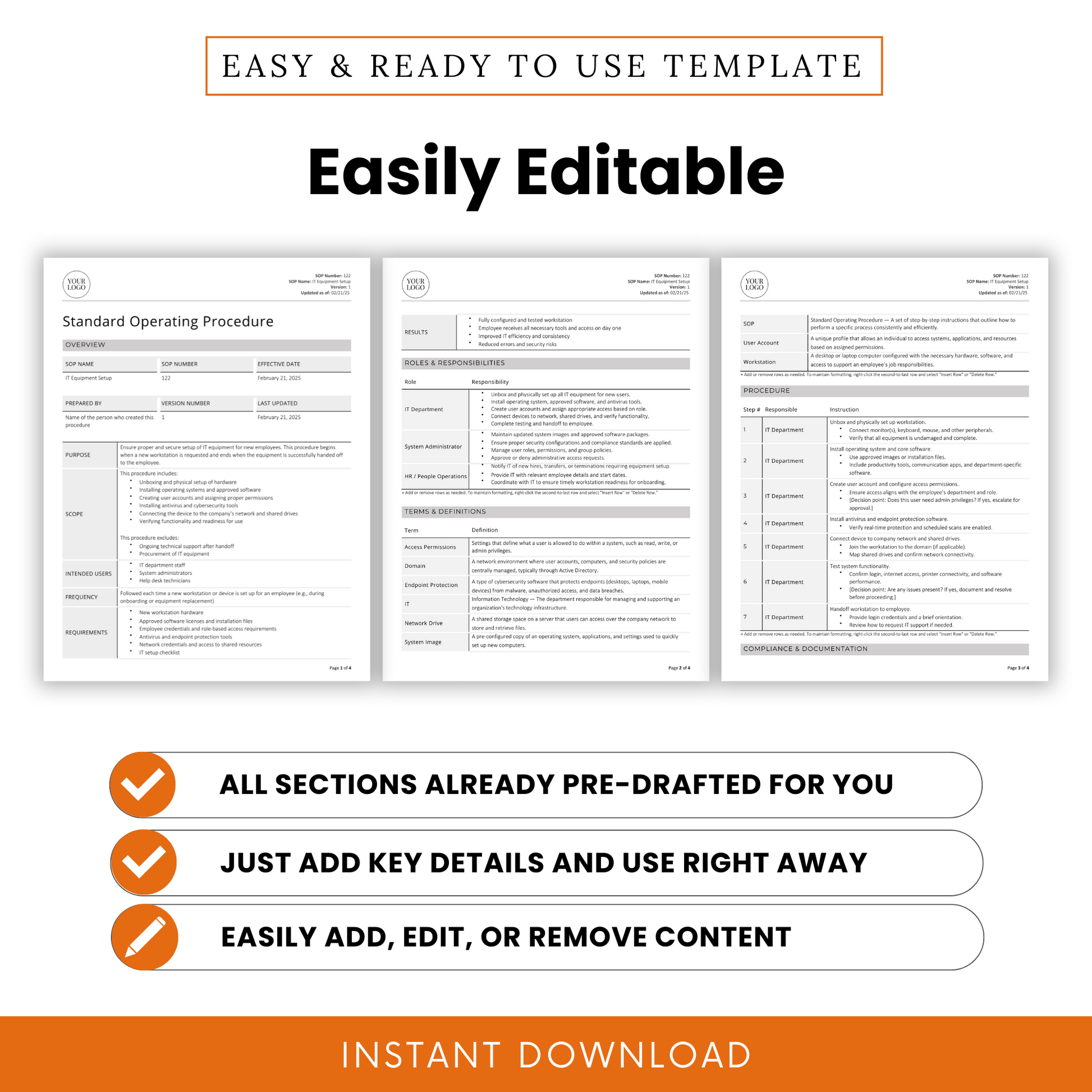 Easily editable IT Equipment Setup SOP template. Highlights three key benefits: all sections are pre-drafted, just add key details and use immediately, and easily add, edit, or remove content. Ideal for business owners, operations managers, and tech support teams seeking pre-written standard operating procedures, IT onboarding templates, or employee technology setup checklists.