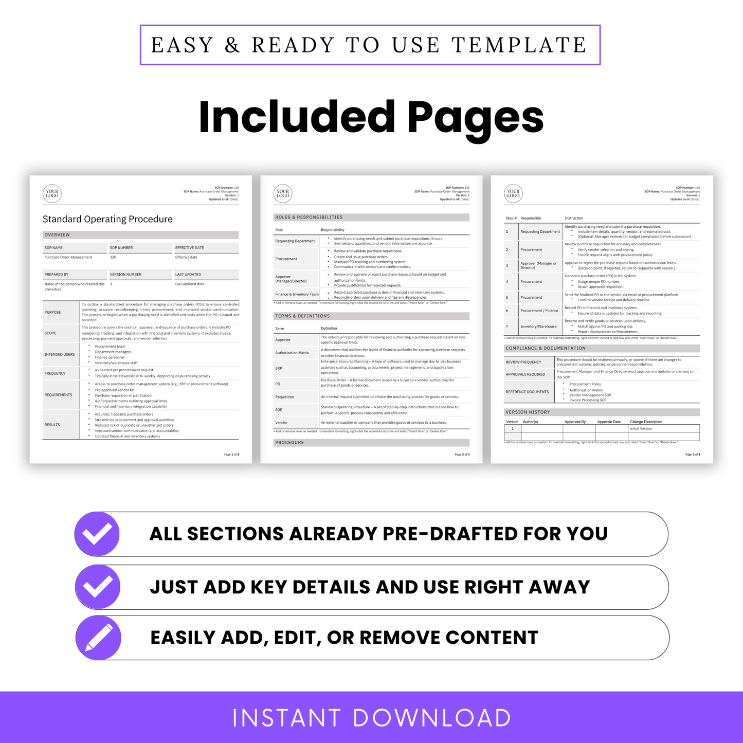 Included Pages Preview of Purchase Order Management SOP Template – Editable Standard Operating Procedure for Procurement and Purchasing – Features Fully Pre-Drafted Sections: Overview, Purpose, Scope, Intended Users, Frequency, Requirements, Results, Roles & Responsibilities, Terms & Definitions, Procedure Steps, Compliance, and Revision History – Word and PDF Formats for Small Business Operations, Inventory Management, and Vendor Communication – Easy to Customize and Ready for Instant Download