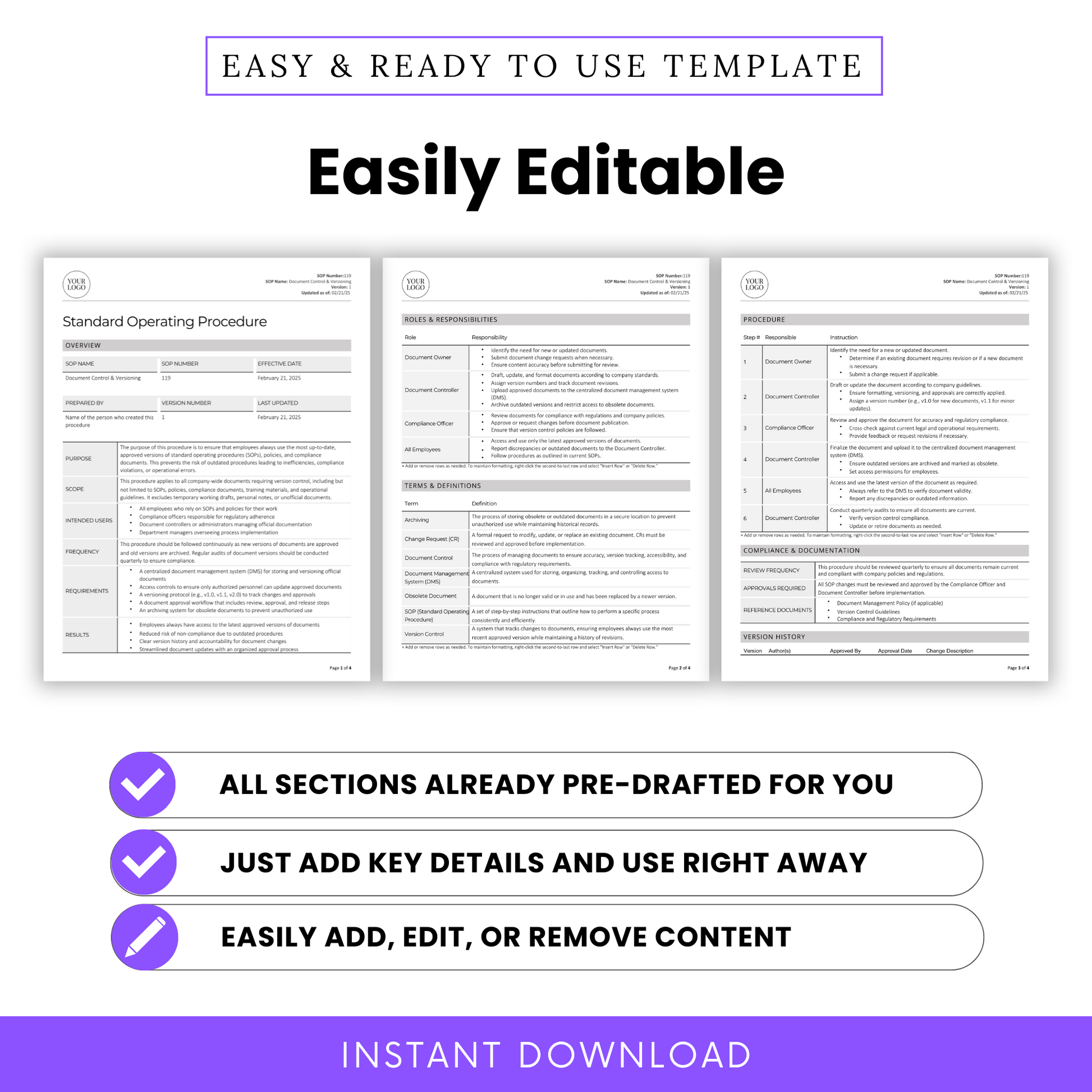 Easily Editable SOP Template – Pre-Drafted Standard Operating Procedure in Word and PDF. Fully customizable with pre-filled sections, including roles and responsibilities, terms and definitions, procedures, and compliance documentation. Just add key details and use immediately. Perfect for manufacturing, supply chain, and operations management. Edit, add, or remove content to fit your business needs. Instant digital download for quick implementation.