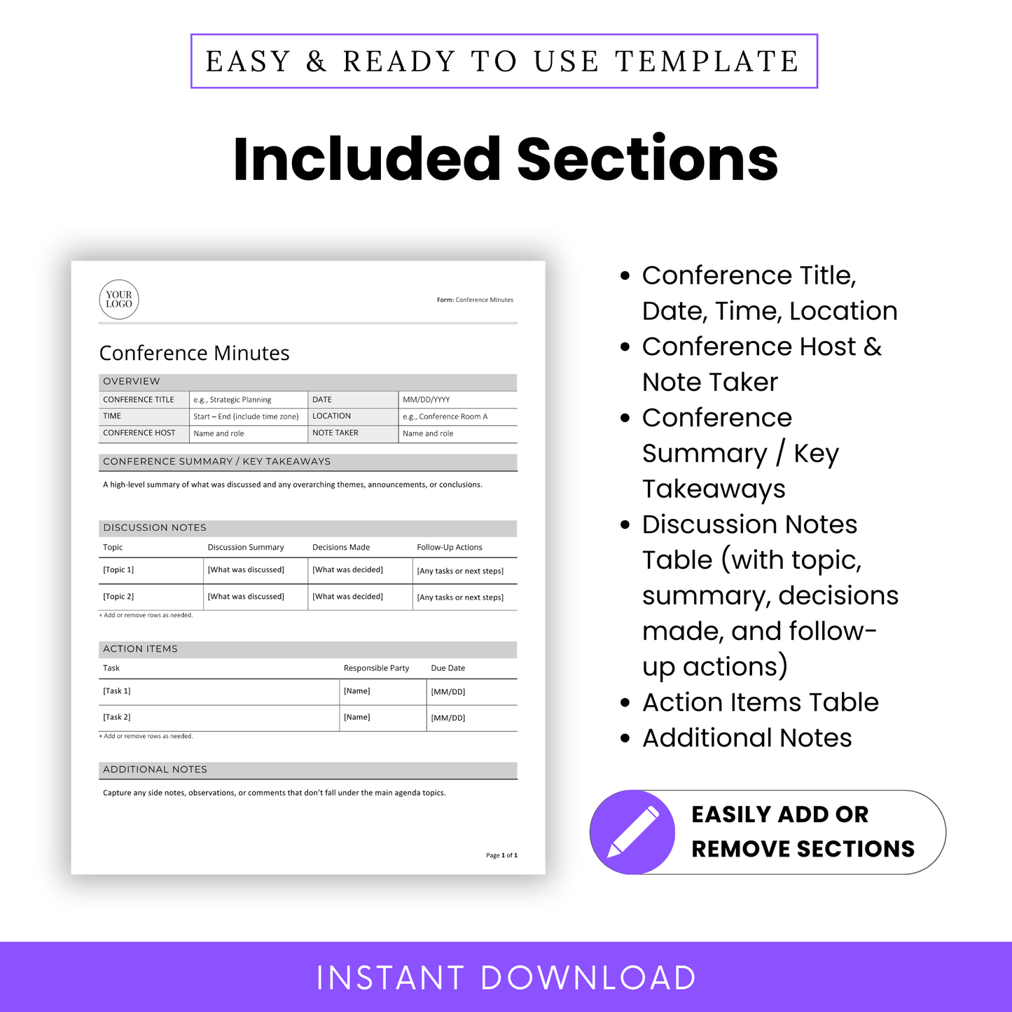 Included sections preview for the Conference Minutes Template. Lists all built-in fields: conference title, date, time, location, host, note taker, key takeaways, discussion notes with decisions and follow-up actions, action items, and additional notes. Instant download and fully editable.