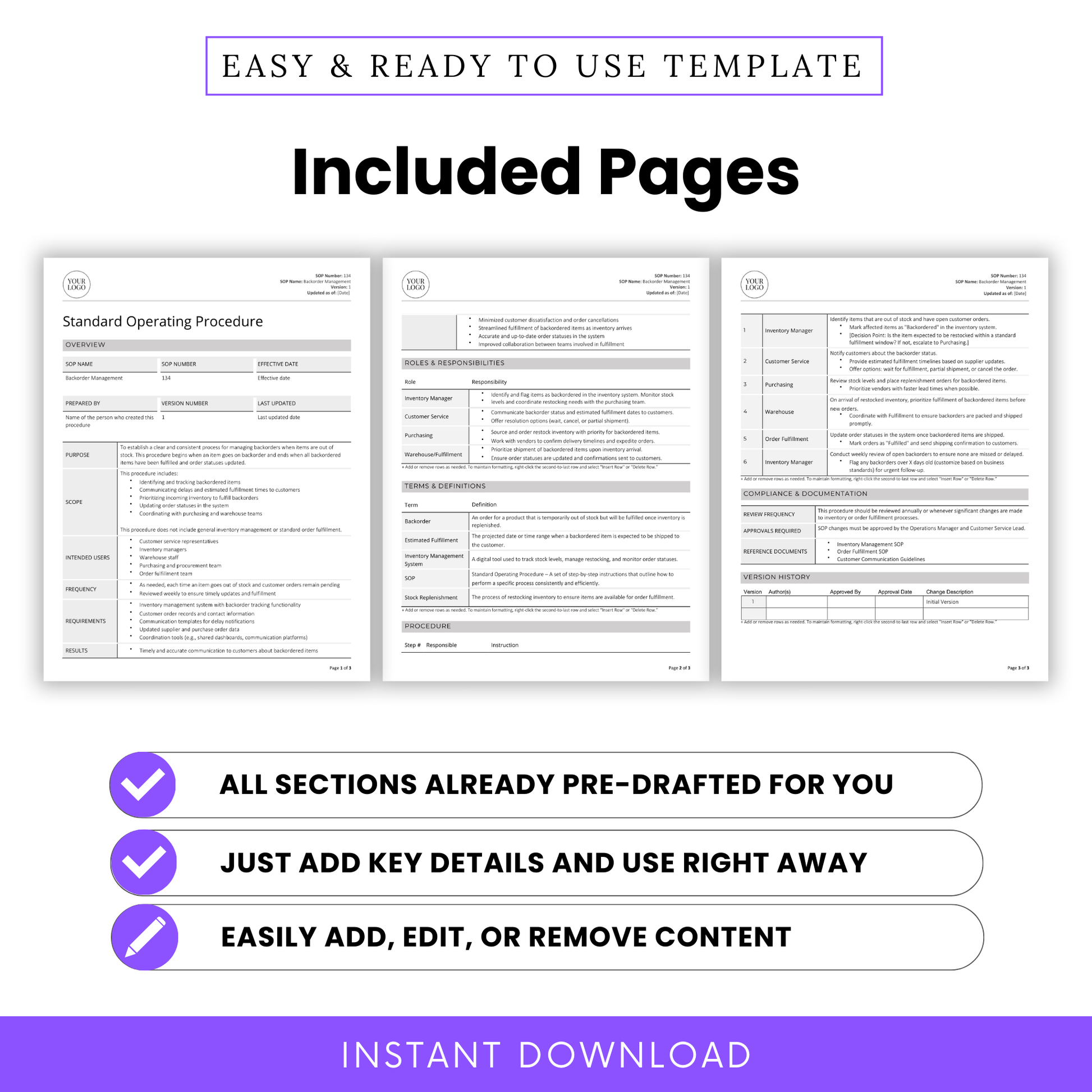 Preview of all included pages in the Backorder Management SOP Template. Fully formatted SOP with sections for Purpose, Scope, Procedure, Roles & Responsibilities, Terms & Definitions, Compliance, and Version History. Instant download in editable Word and PDF formats.