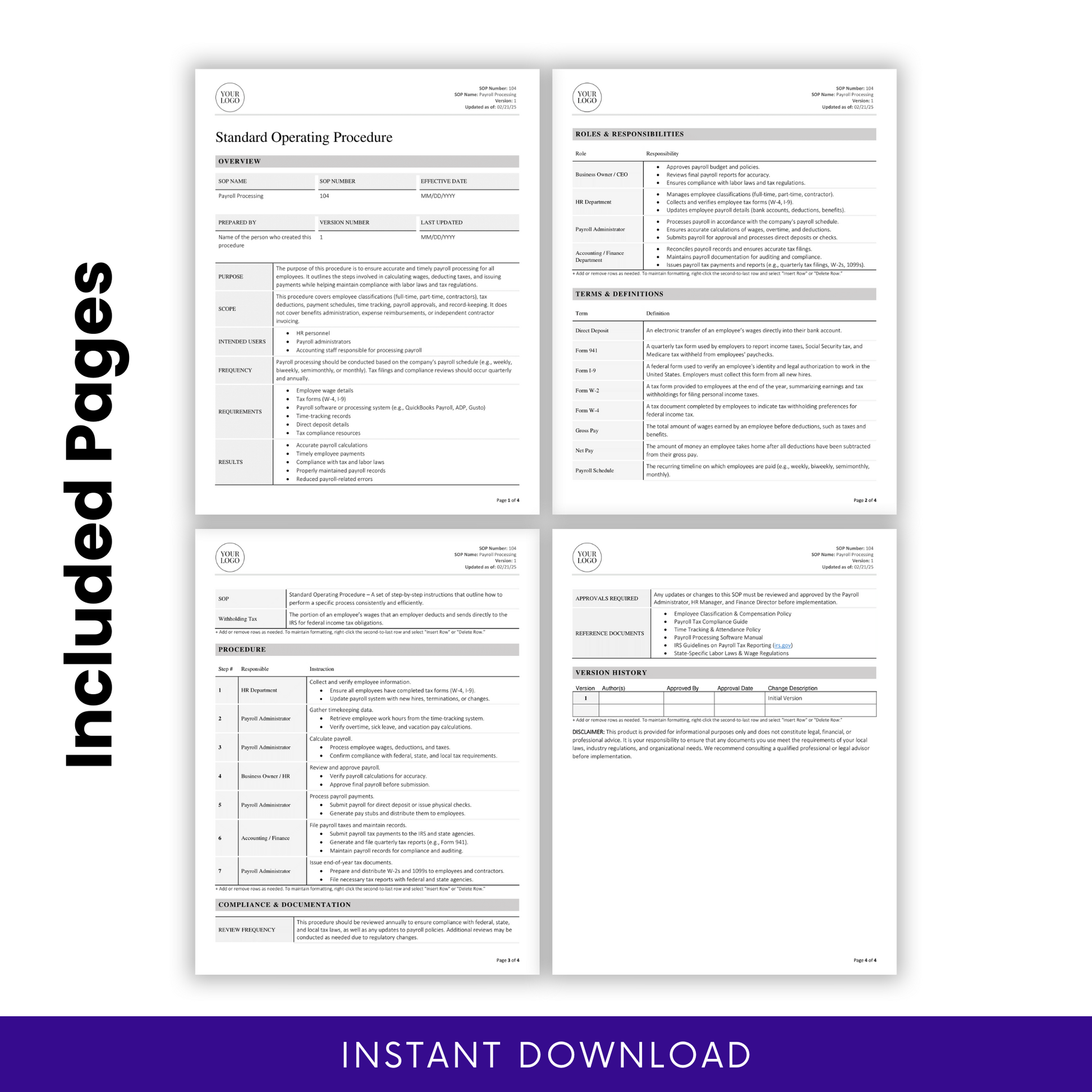 Four-page spread of the Payroll Processing SOP template showcasing clear formatting and detailed sections including Purpose, Requirements, and Compliance Documentation.