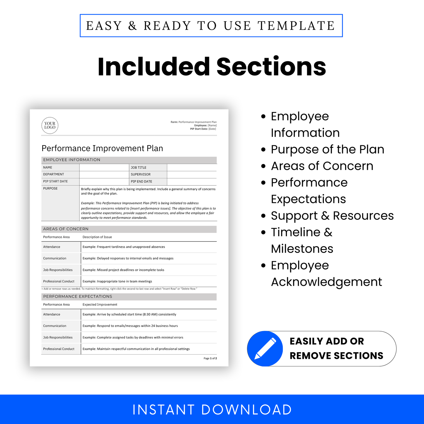 Included sections: Employee Information, Purpose of the Plan, Areas of Concern, Performance Expectations, Support & Resources, Timeline & Milestones, Employee Acknowledgement