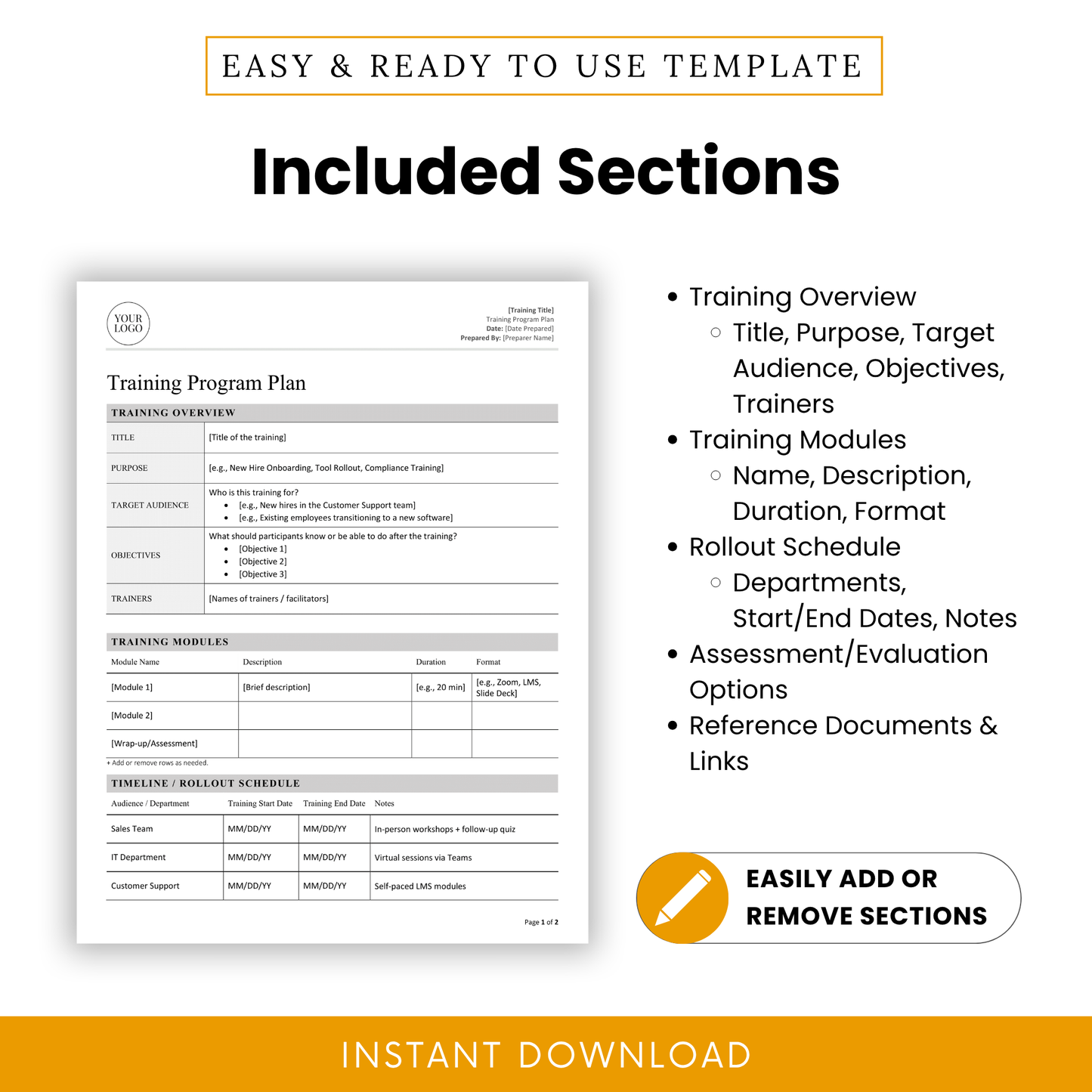 Breakdown of included sections in the template such as overview, modules, schedule, assessments, and linked documents.