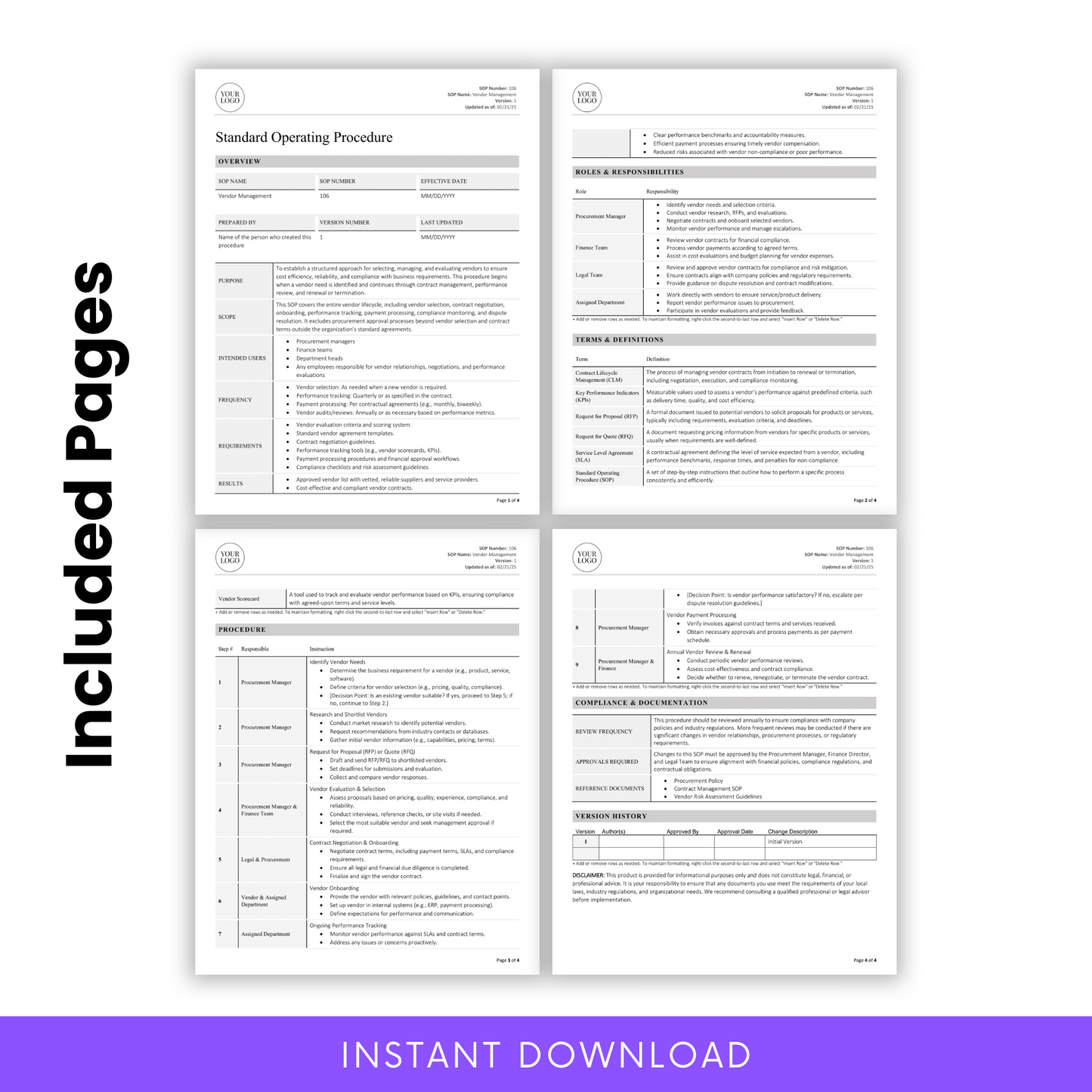Four-page overview of the Vendor Management SOP template, showcasing clearly structured sections including Overview, Responsibilities, Procedures, and Compliance Documentation.