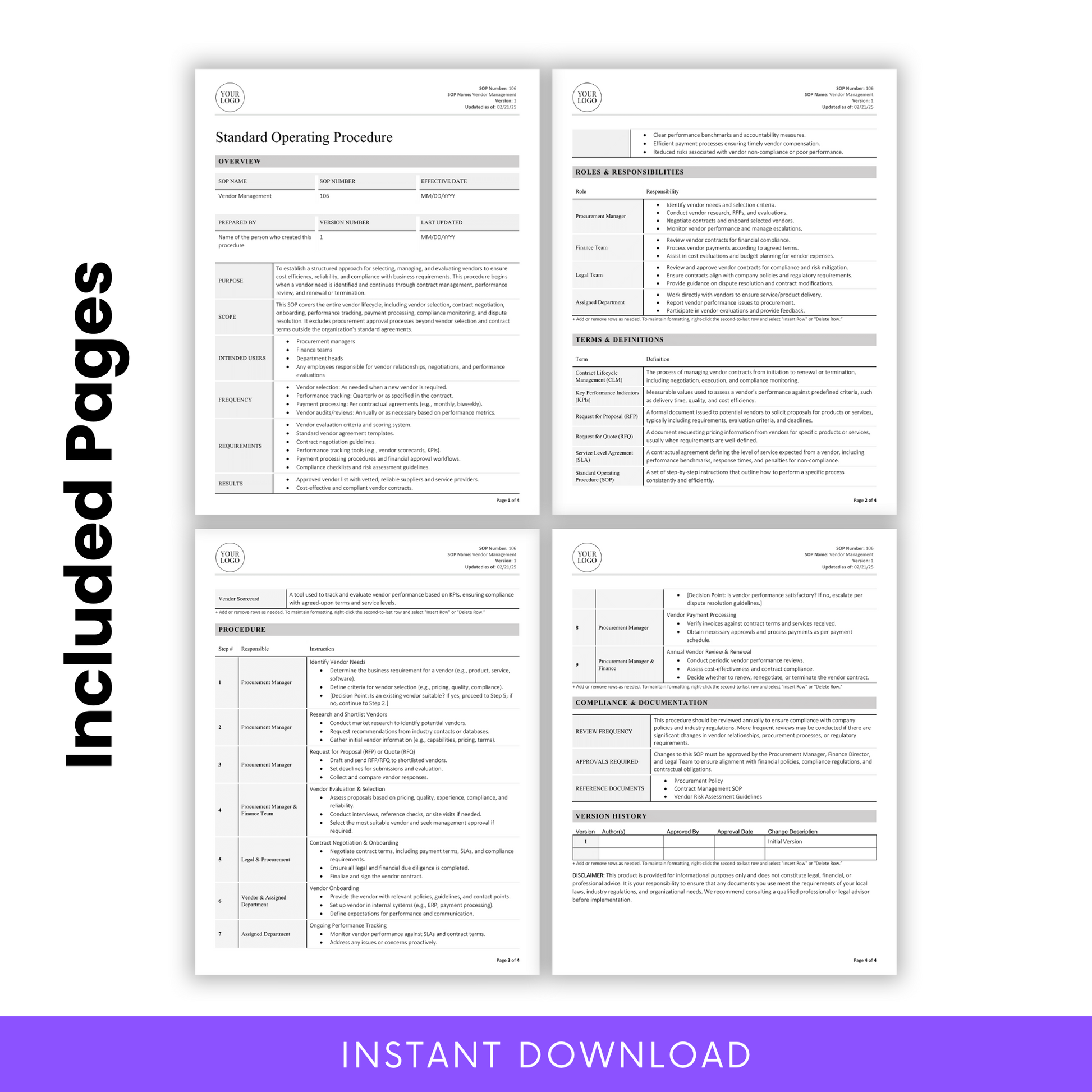 Four-page overview of the Vendor Management SOP template, showcasing clearly structured sections including Overview, Responsibilities, Procedures, and Compliance Documentation.