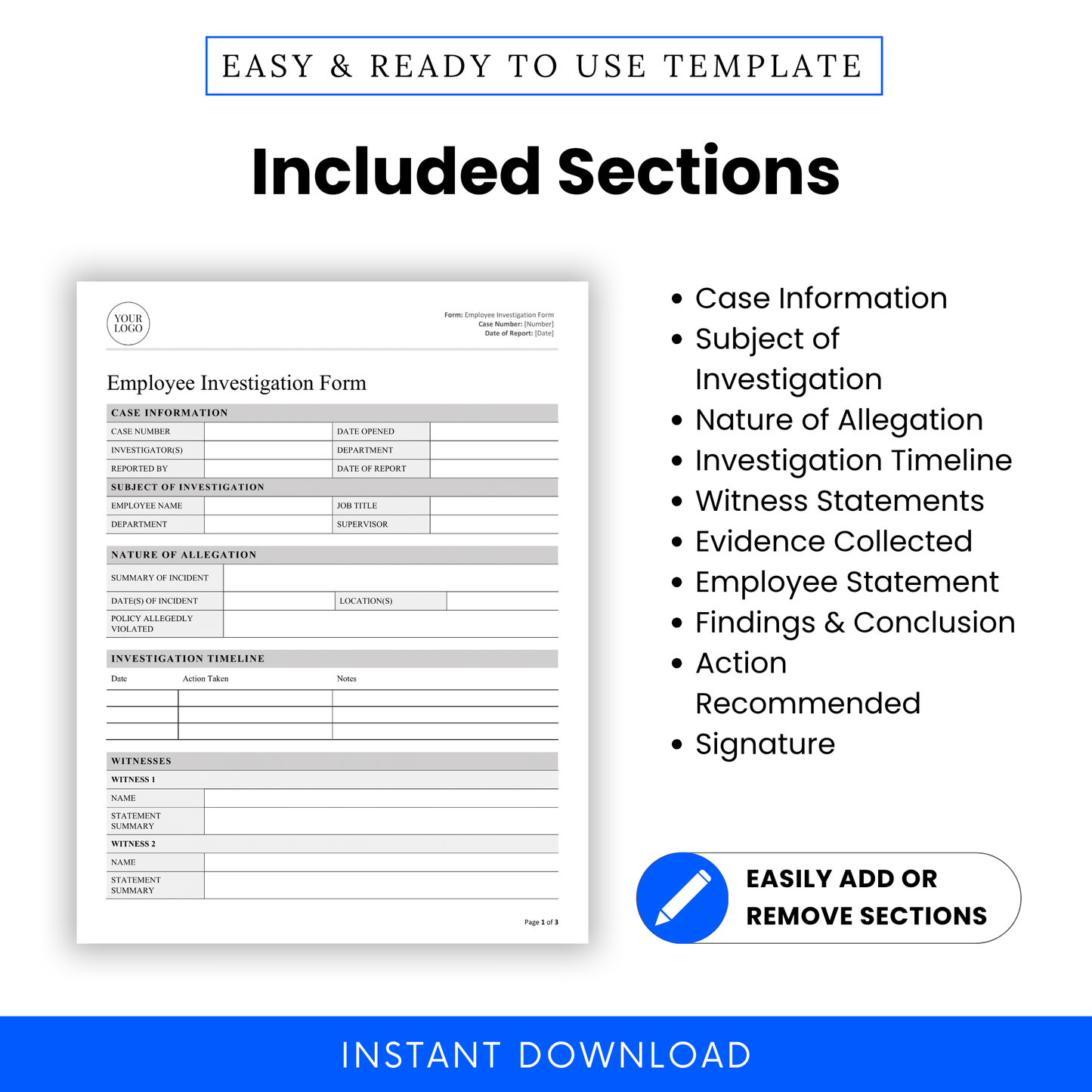 Details sections included in the form: Case Information, Subject of Investigation, Nature of Allegation, Timeline, Witnesses, Evidence, Statements, Conclusion, and Signatures.