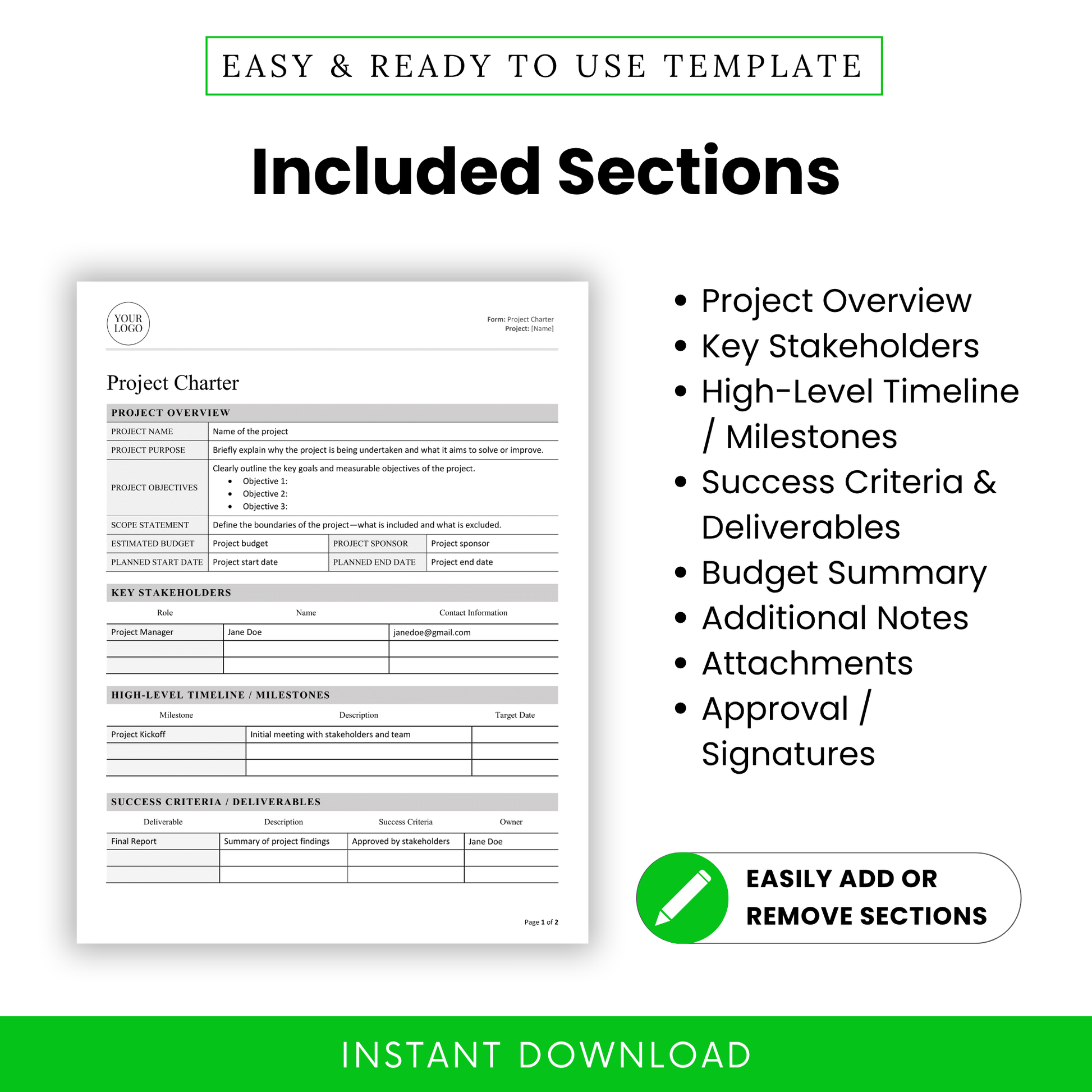List of project charter template sections: Project Overview, Key Stakeholders, Timeline, Deliverables, Budget Summary, Notes, Attachments, and Approvals.