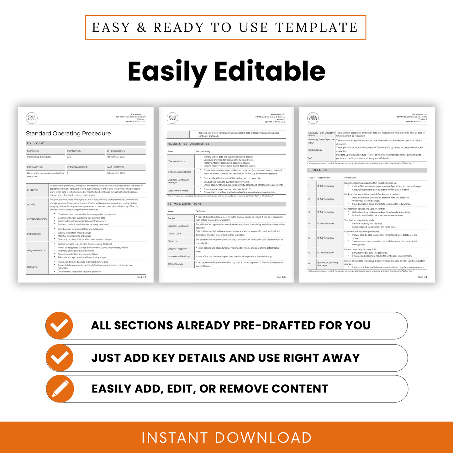 Easily editable Data Backup & Recovery SOP template. Features a document preview showcasing structured sections, including roles and responsibilities, terms and definitions, and procedures. Highlights three key benefits: all sections are pre-drafted, just add key details and use immediately, and easily add, edit, or remove content. Includes an 'Instant Download' banner. Perfect digital download for entrepreneurs, IT consultants, and companies building SOP libraries.