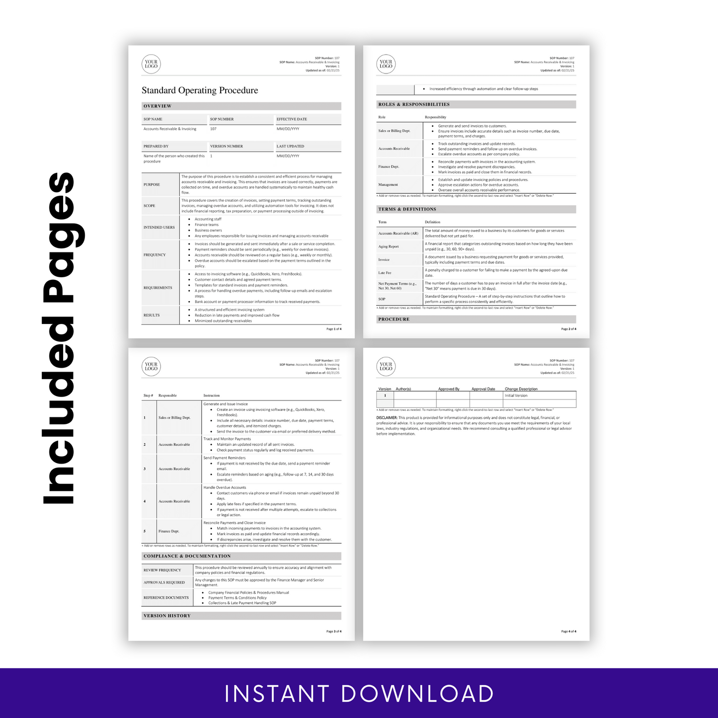 Four pages of a Standard Operating Procedure document with text and checkboxes on a white background.