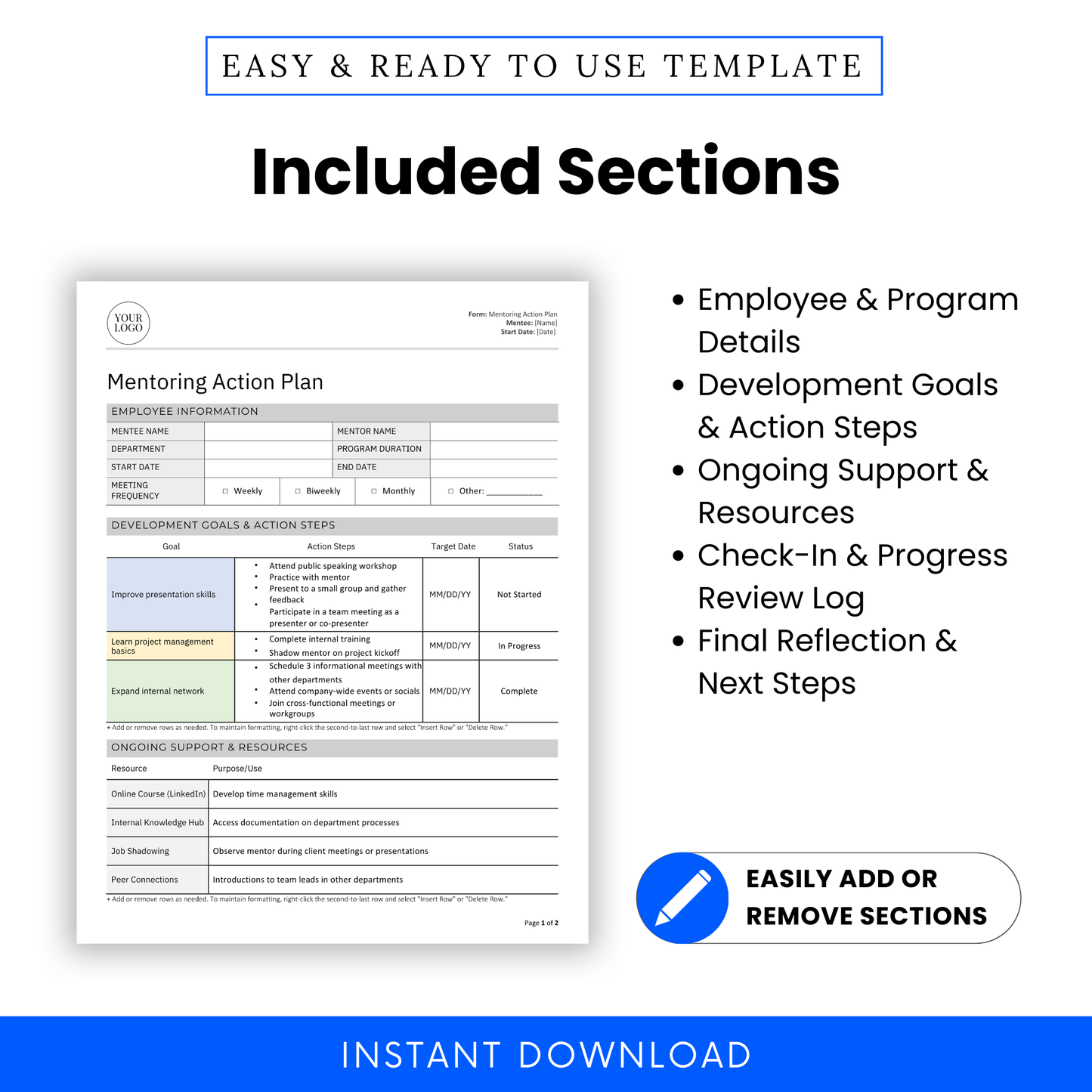 Editable Mentoring Action Plan Template showing included sections: employee and program details, development goals and action steps, ongoing support and resources, check-in and progress review log, and final reflection. Ideal for workplace mentorship programs, leadership development, and employee training. Fully customizable in Microsoft Word and PDF formats. Compatible with US Letter and A4 sizes. Instant digital download for HR professionals, team leads, and business owners.