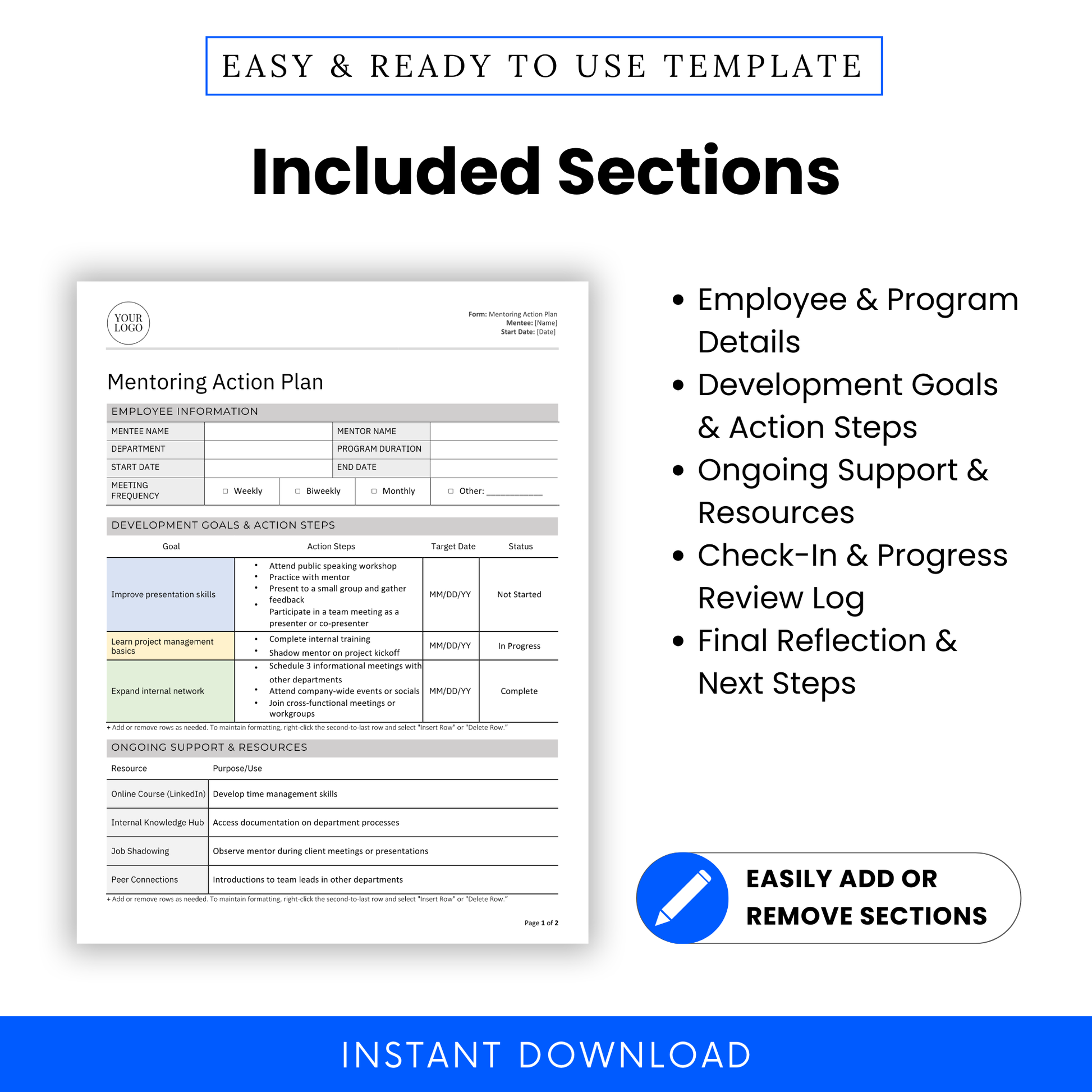 Editable Mentoring Action Plan Template showing included sections: employee and program details, development goals and action steps, ongoing support and resources, check-in and progress review log, and final reflection. Ideal for workplace mentorship programs, leadership development, and employee training. Fully customizable in Microsoft Word and PDF formats. Compatible with US Letter and A4 sizes. Instant digital download for HR professionals, team leads, and business owners.