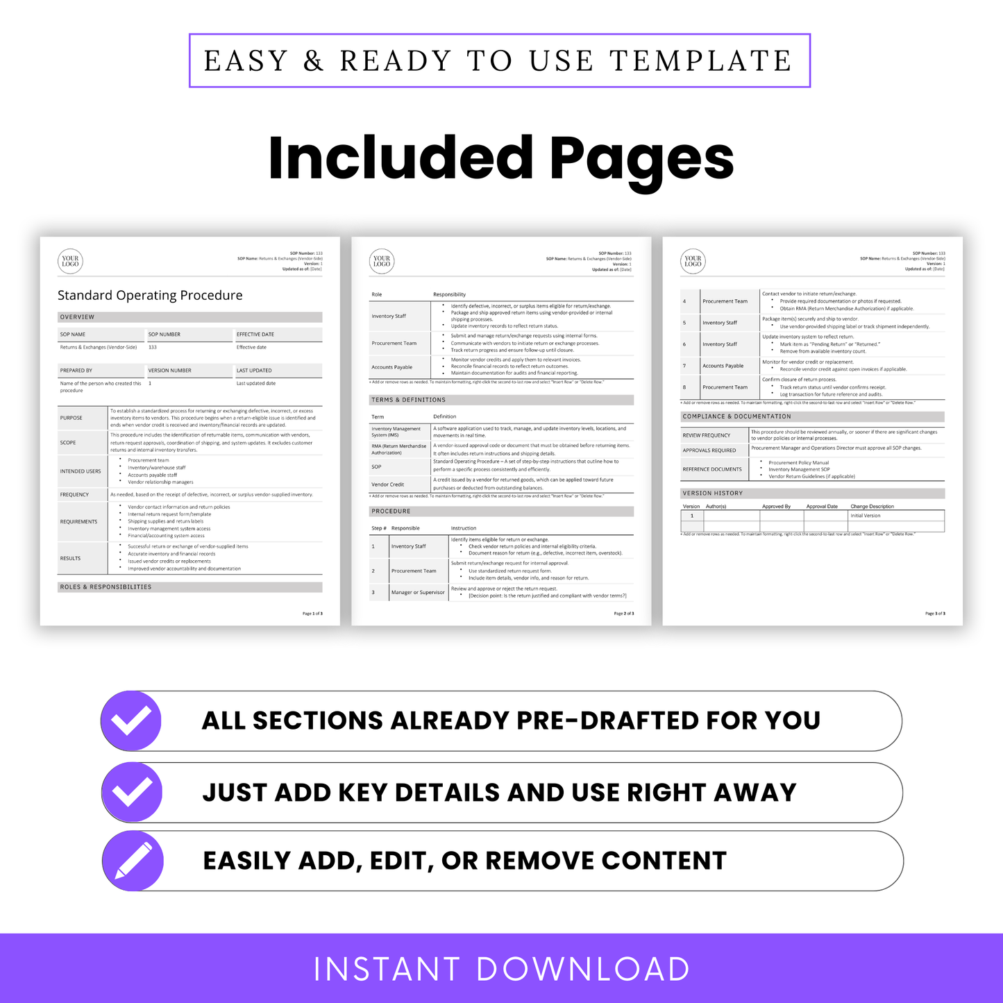Preview of all included pages in the Returns & Exchanges (Vendor-Side) SOP Template. Fully formatted SOP with sections for Purpose, Scope, Procedure, Roles & Responsibilities, Terms & Definitions, Compliance, and Version History. Instant download in editable Word and PDF formats.