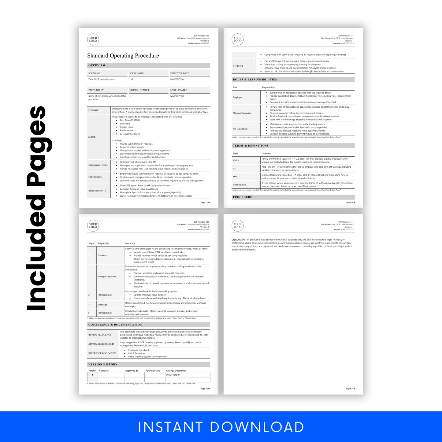 Four pages of a Standard Operating Procedure document with text and checkboxes on a white background.