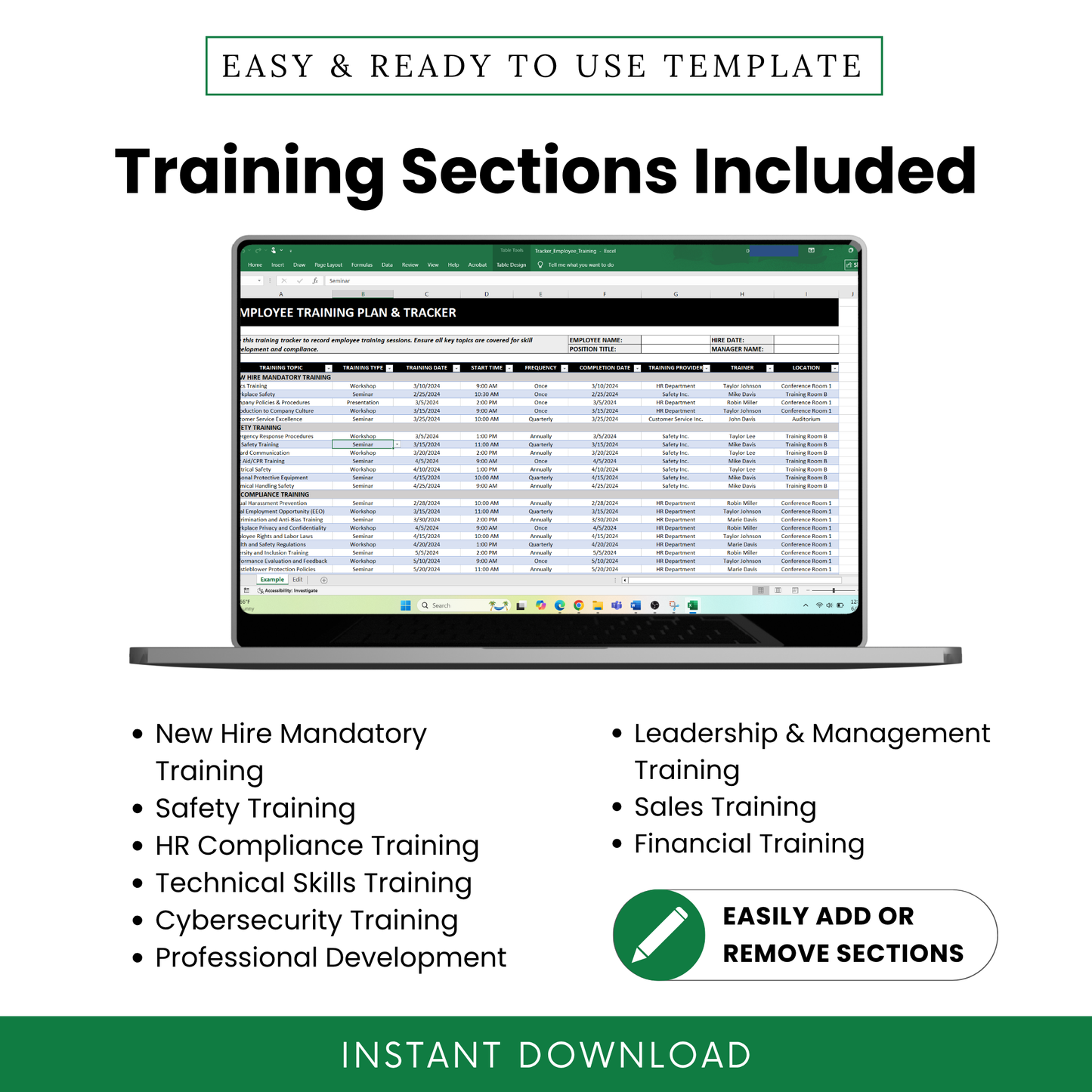 Simple Employee Training Plan & Tracker Template (MS Excel, Google Sheets) | Employee Training Program Management, Staff Training Plan