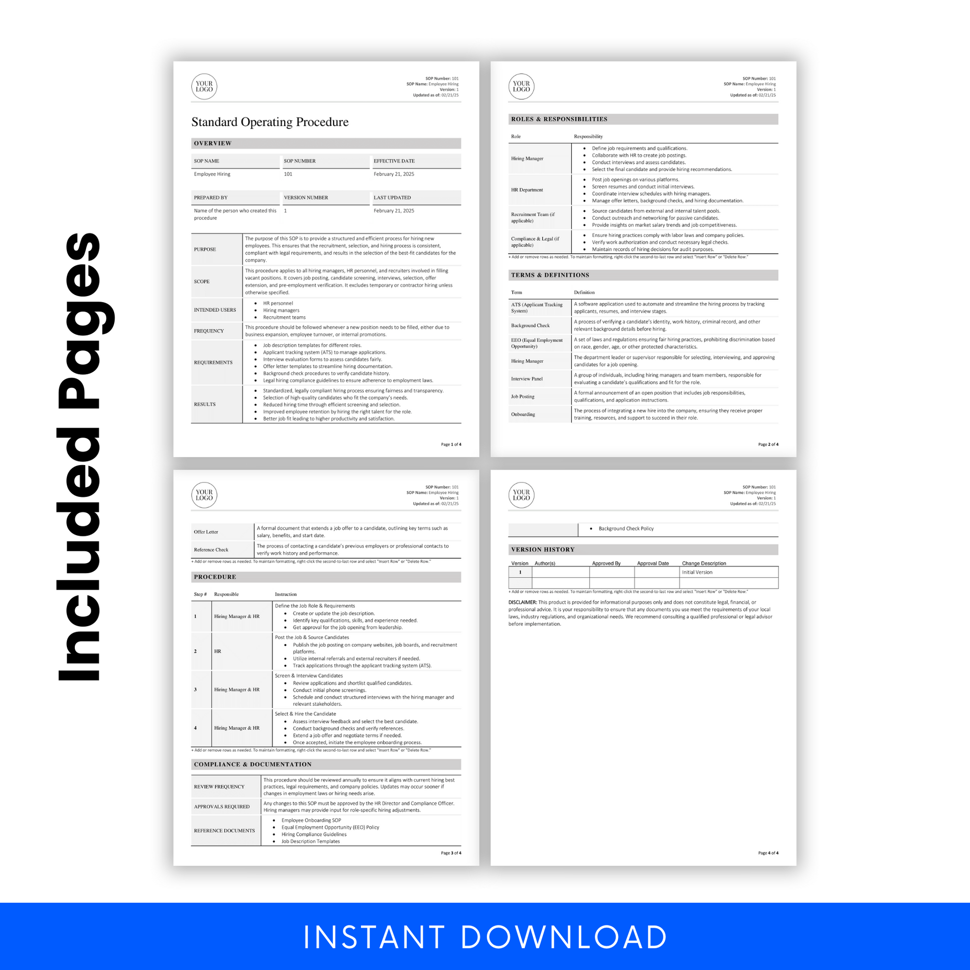 Four-page spread of the Employee Hiring SOP template including Overview, Roles & Responsibilities, Procedure, and Version History pages with clean formatting and clear structure.