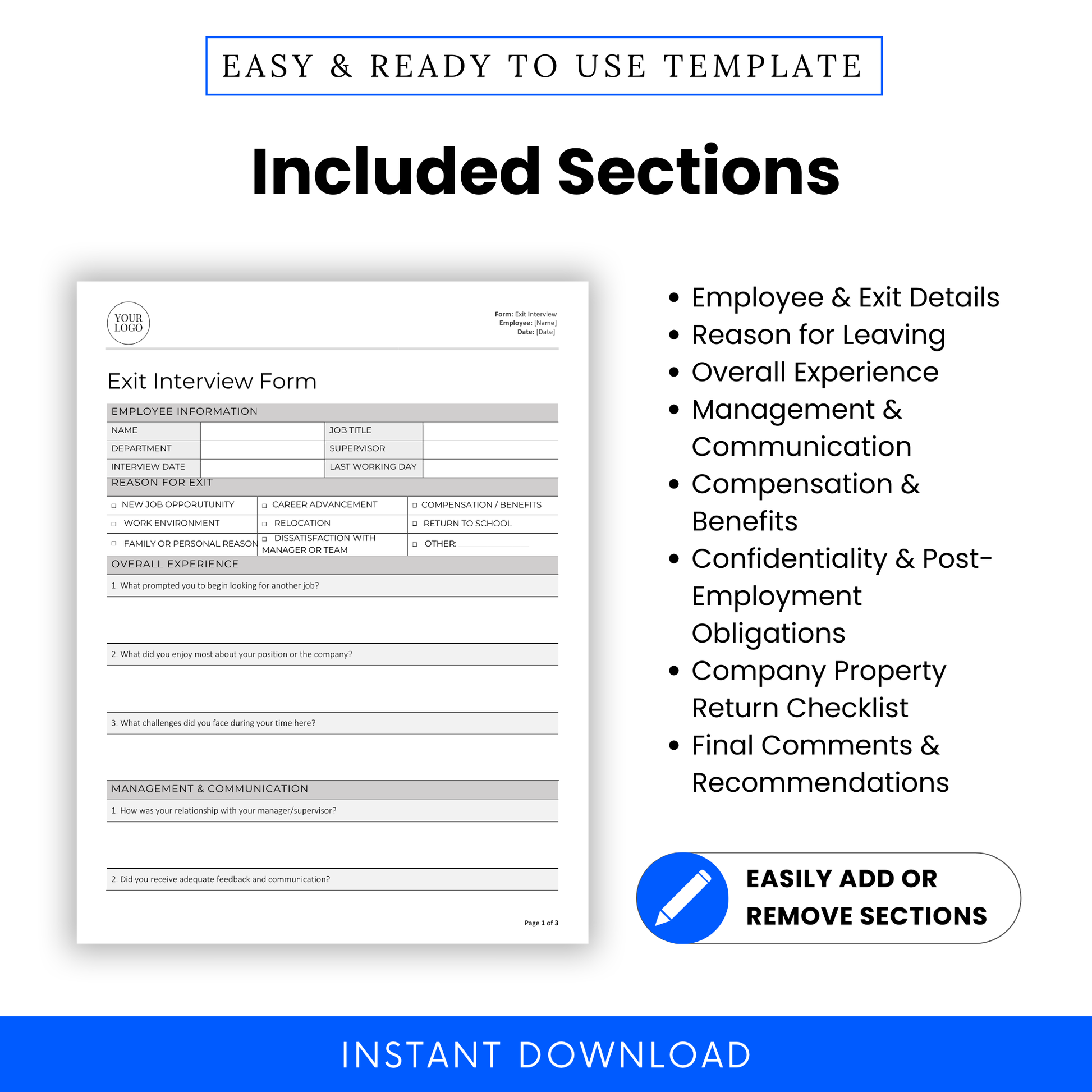 Exit Interview Form sections include employee info, reason for leaving, job experience, communication, compensation, confidentiality, property checklist, and comments.