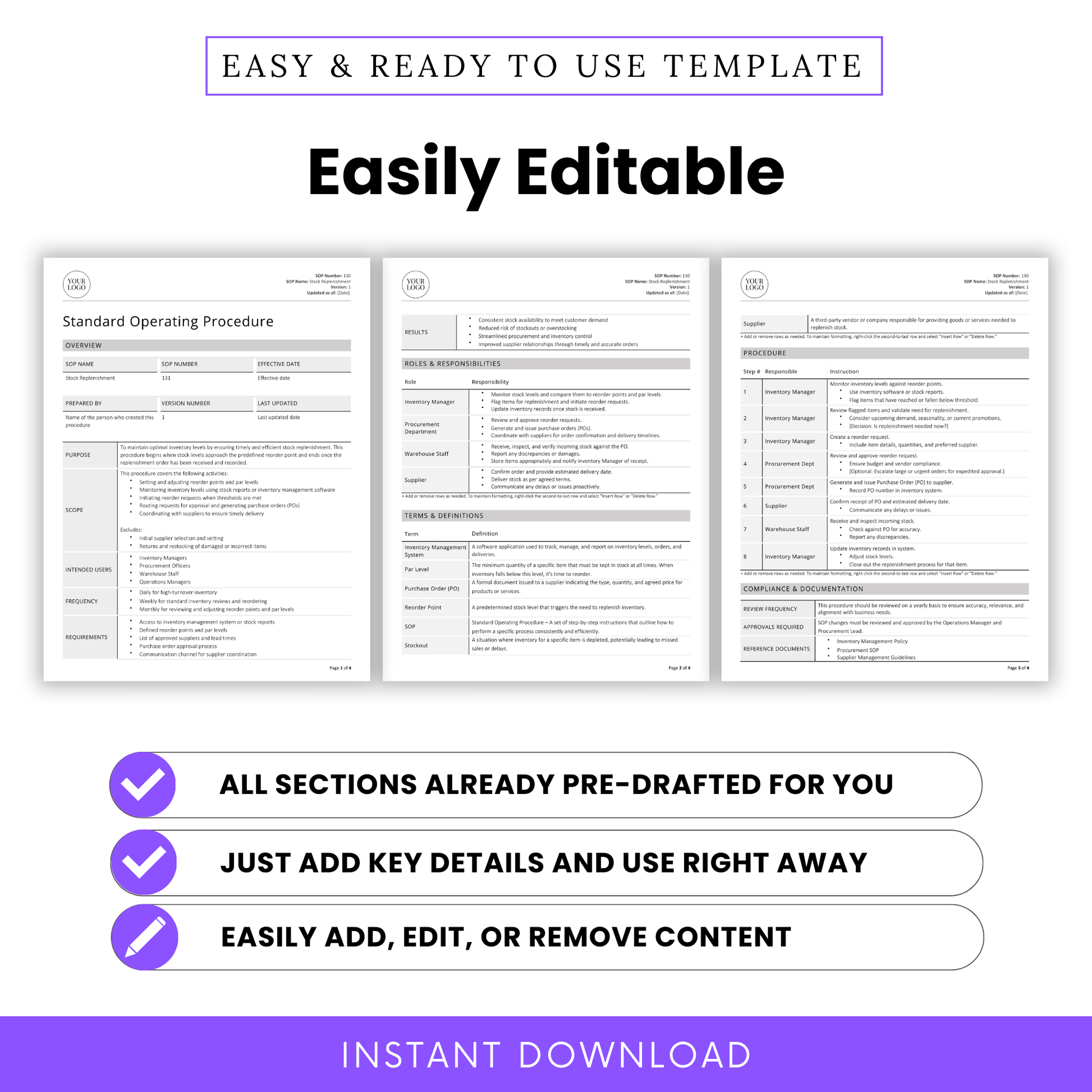 Easily editable Stock Replenishment SOP Template with all sections pre-drafted. Add your key business details and start using immediately. Easily add, edit, or remove content. Includes editable Word and PDF files with clear procedures, roles, and documentation. Instant download for small business operations.