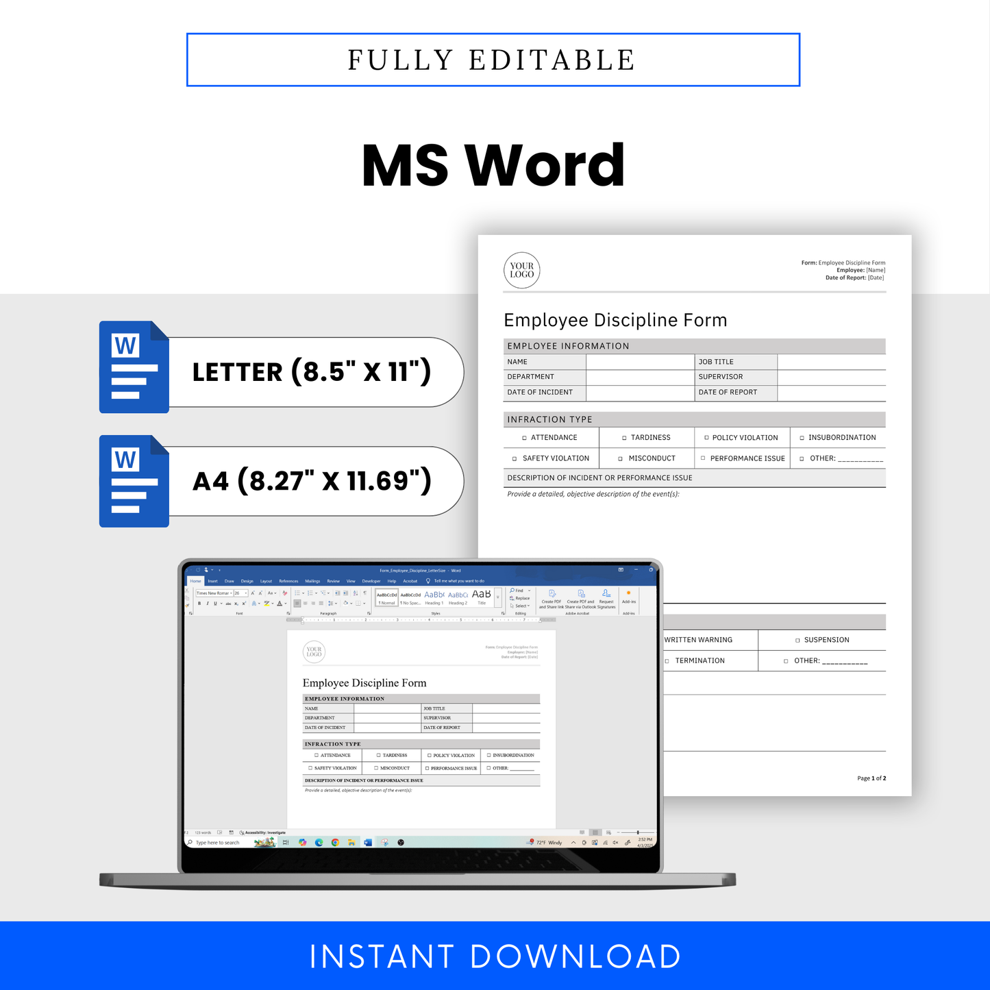 Editable MS Word version of Employee Discipline Form shown on laptop with Letter and A4 size options clearly displayed.