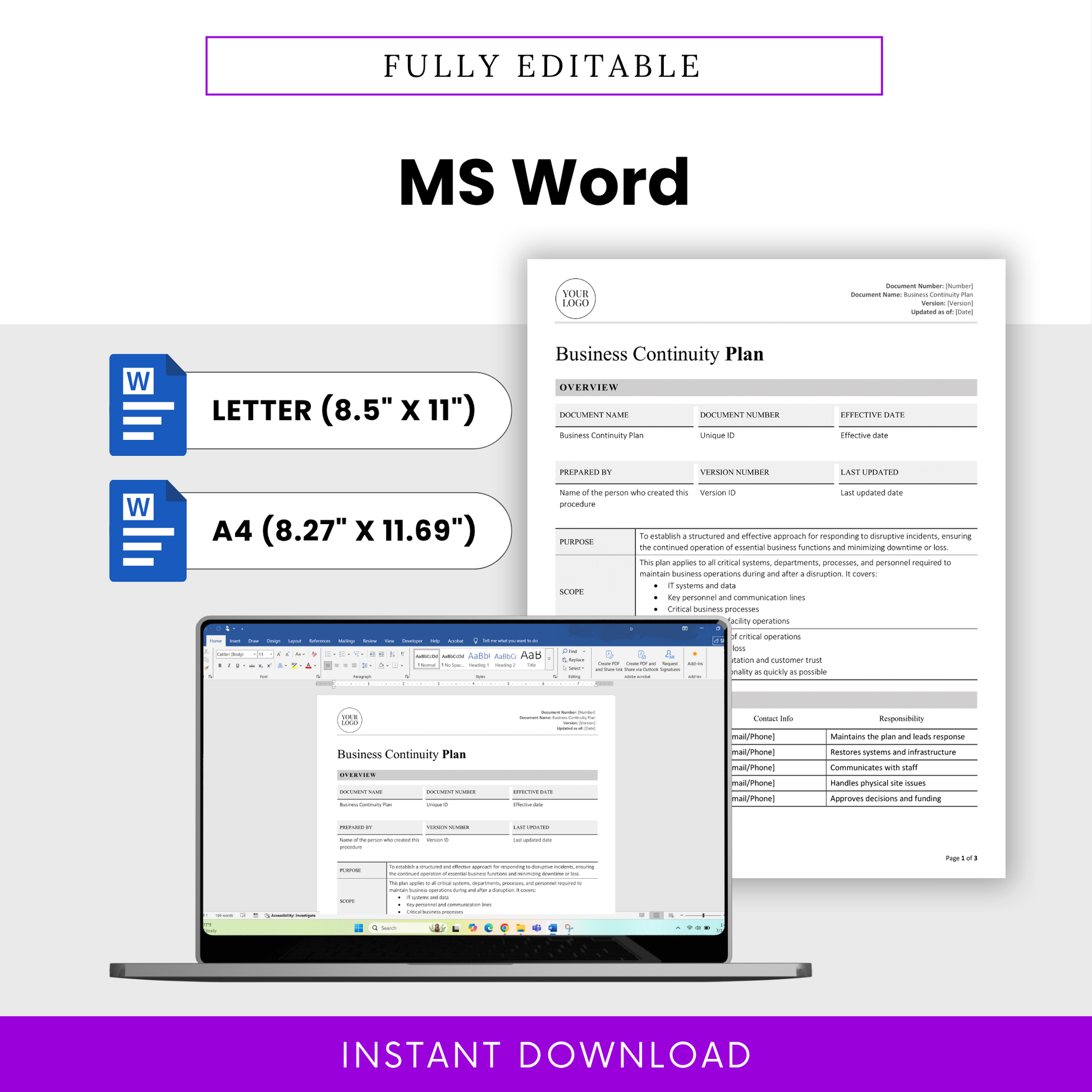 Mockup image showing the BCP template opened in MS Word on a laptop, highlighting its editable features in Letter and A4 sizes.