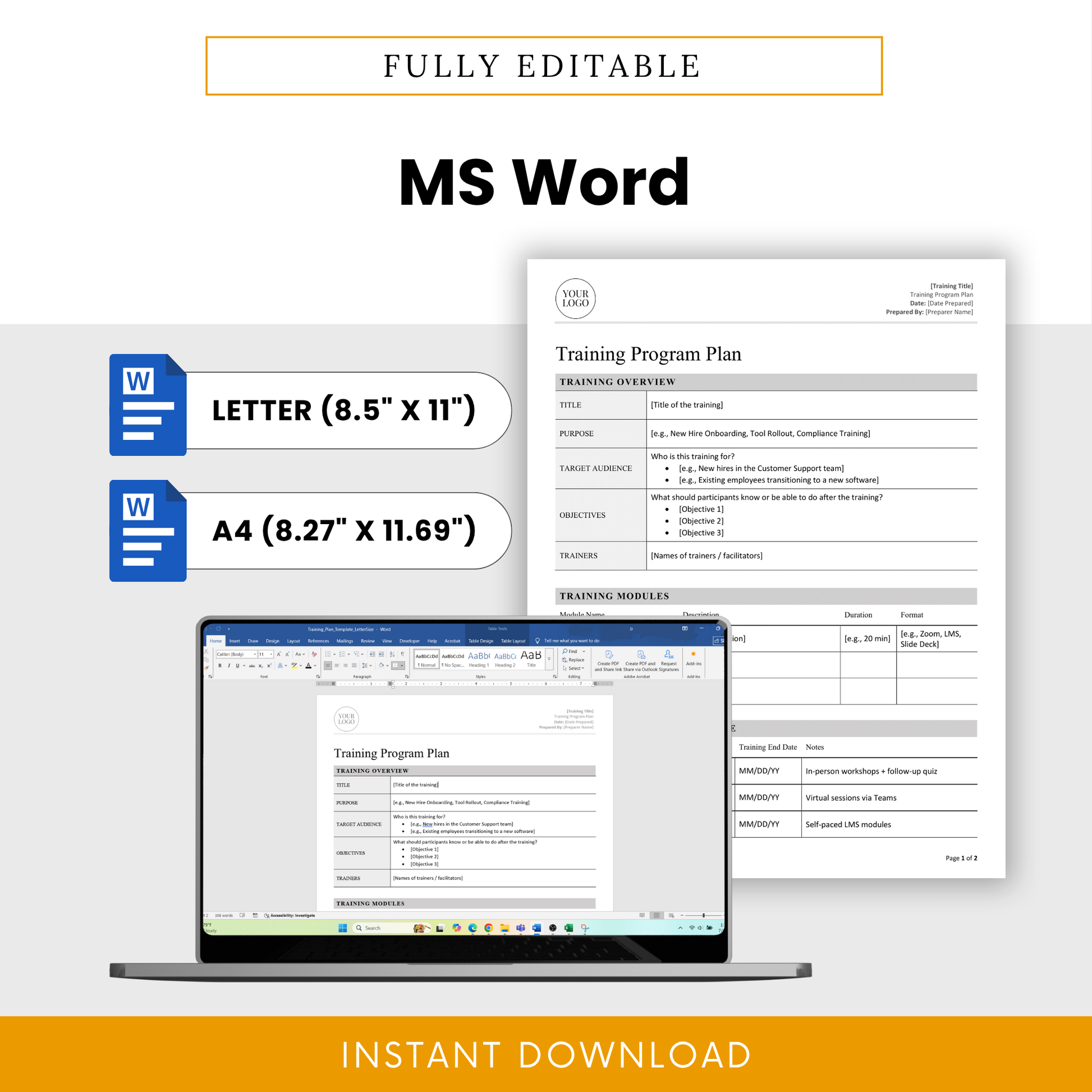 Laptop mockup with the editable Training Program Plan open in MS Word, displaying both US Letter and A4 compatibility.