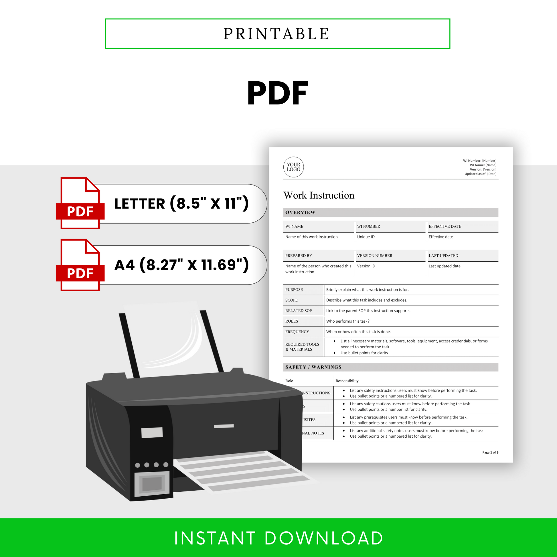 Printable PDF work instruction template with printer illustration and dimensions.